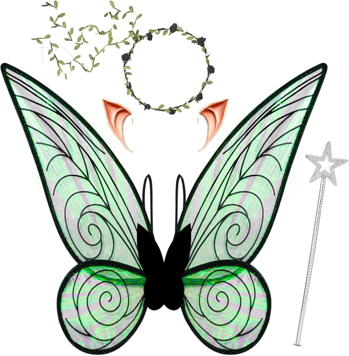 Fairy Wings, Sparkling Sheer Wings for Women Girls Adults, Fairy Wand Elf Ears Butterfly Wings Fairy Wings Adult Costume Set, Halloween Angel Wings Kids' Dress up & Pretend Play Fancy Dress