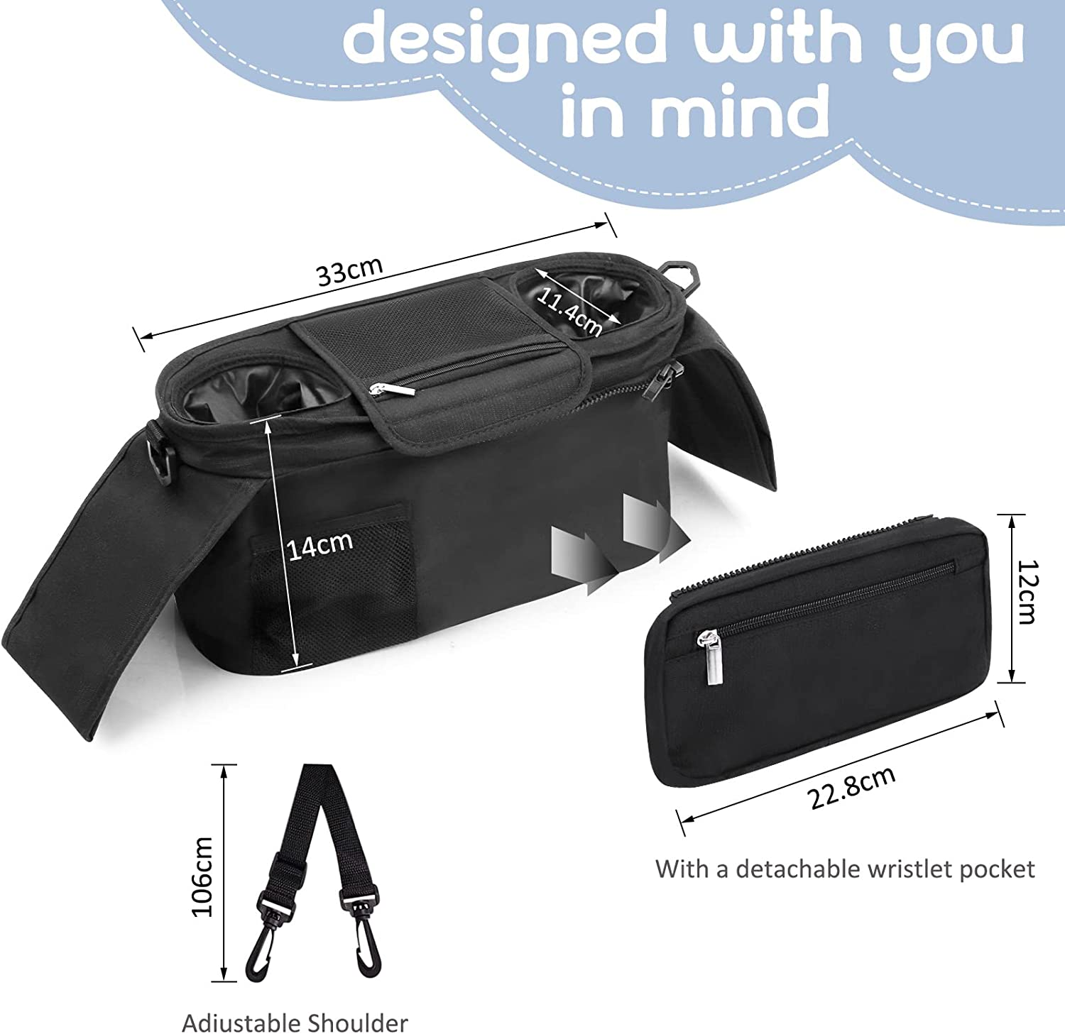 Universal Pram Organiser Bag Large Stroller Organiser with Cup Holders and Shoulder Straps, Stroller Accessories for Diapers Toys & Snacks image number 1