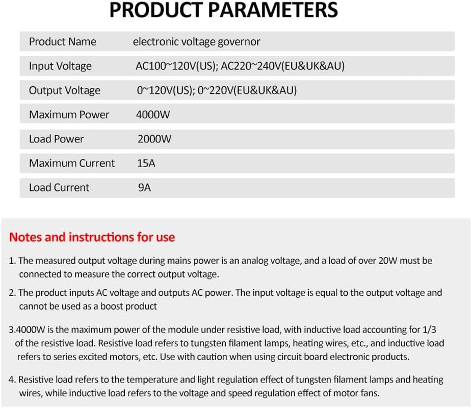BAEXUE Electronic Voltage Governor AC Motor Speed Controller, Variable Voltage Regulator Switch, LED Display, 4000W Max, 15A Load, ABS Material image number 5