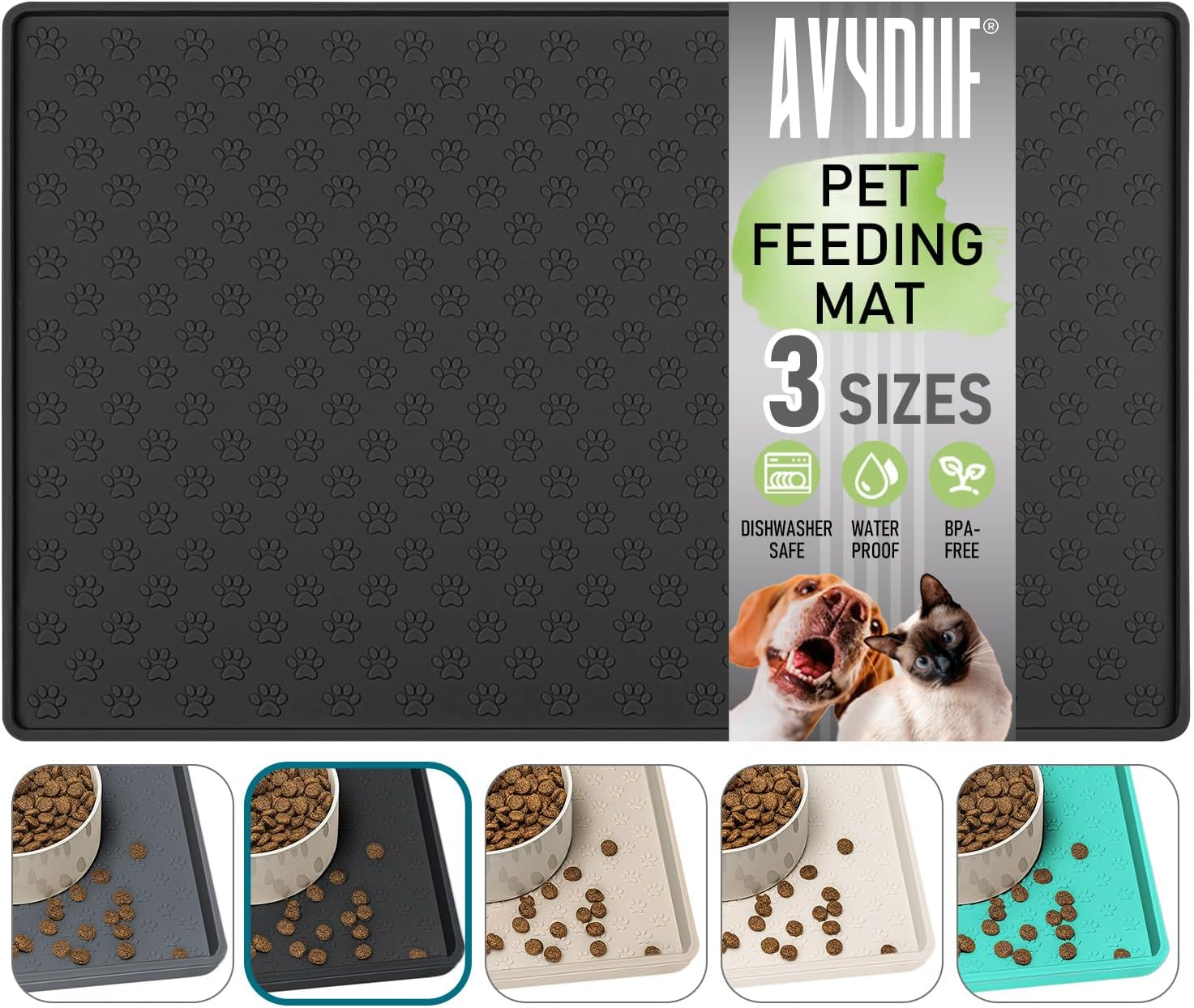 Silicone Dog Cat Food Mat, Waterproof Slip Resistant Raised Edge Pet Feeding Mats, Pet Bowl Mat Anti-Messy and Prevent Spill on Floor, Dishwasher Safe (Beige, L: 24" X 16")
