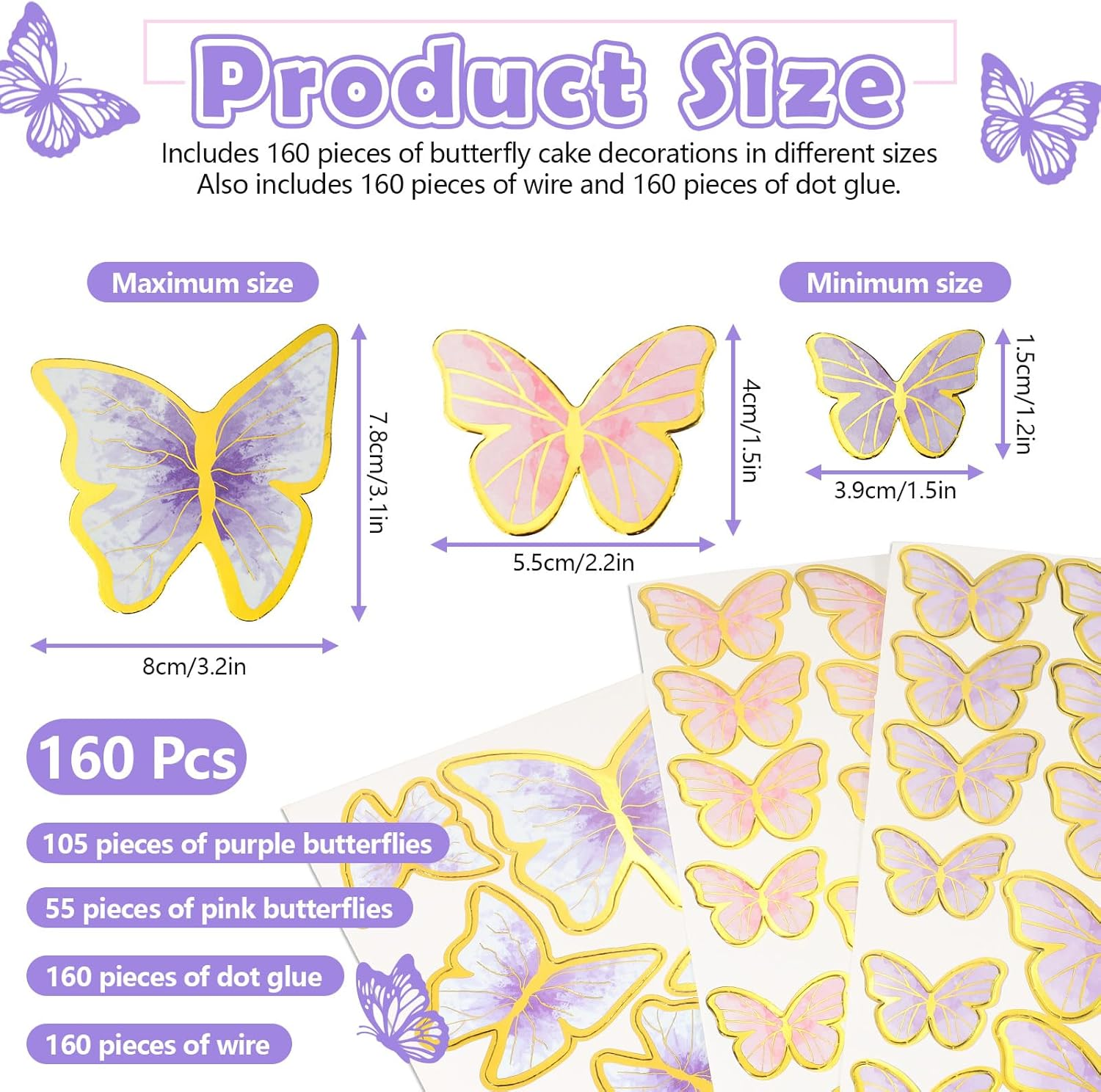 160Pcs Purple & Pink Butterfly Cake Toppers, Gold Edge Mixed Size Lively 3D Butterfly Cake Decorations for Birthday Wedding Cake Cupcake Decor Wall Party Supplies image number 6