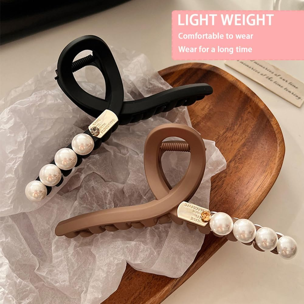 2 Pack Large Pearl Hair Claw Clips for Women - Strong Hold, Nonslip, Jumbo Hair Accessories for Thick, Thin, Curly Hair - Black and Brown Hair Clips with Storage Bag image number 6