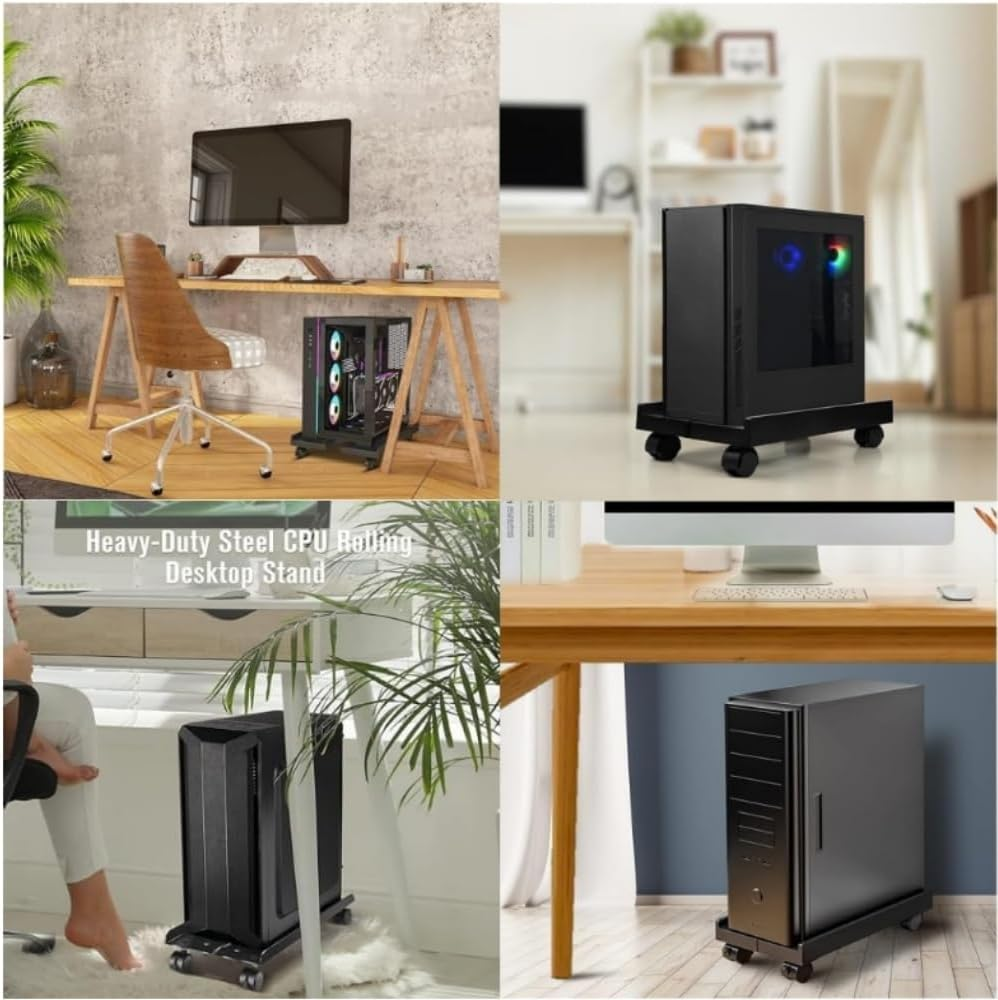 Adjustable Mobile CPU Stand with 360&deg; Wheels, Ventilated Computer Tower Stand Fits Most PC