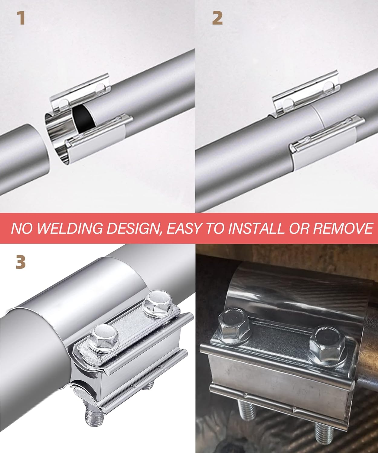 Zlirfy Stainless Steel Exhaust Clamp, Universal 2.0'-4.0' Butt Joint Clamp Band, Fit for 2.75' Exhaust Pipe image number 4