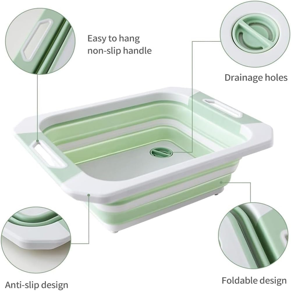 Collapsible Dish Basin with Drain Plug, Space Saving Multiuse Foldable Wash Basin, Dish Tub, Dishpan, Kitchen Sink, Beverage Tubs, Camping Sink for Washing Dishes and Vegetable (Green) image number 5