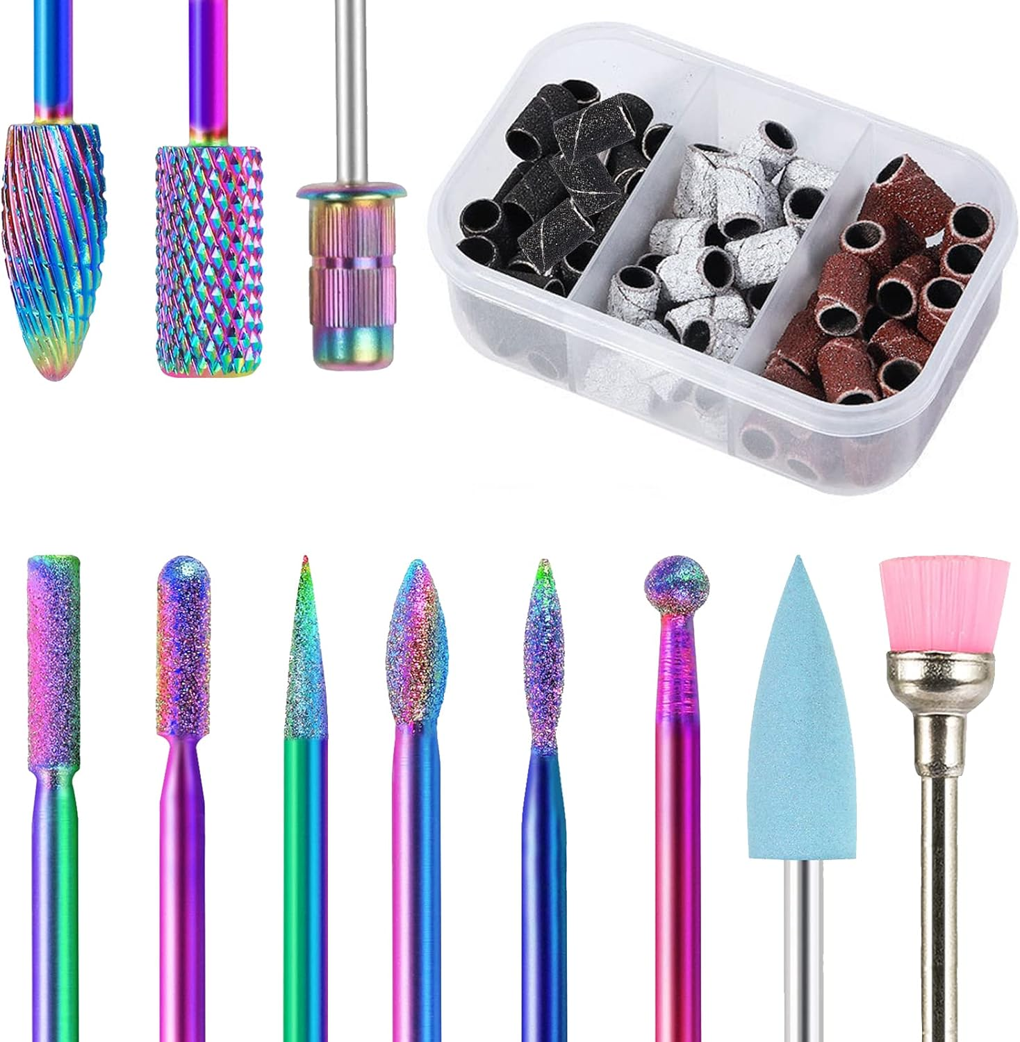 BQAN Nail Drill Bits, 10Pcs 3/32 in Carbide Professional Drill Bit Set for Nail Tech, Remove Acrylic Gel Nails, Manicure with 75Pcs File Sanding Bands (#80#120#180 Grits)