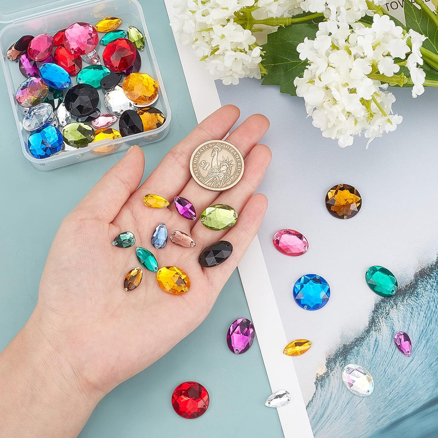 Pandahall Elite - 80 Pieces 10 Colours Rhinestone Acrylic Left Acrylic Rhinestone 2 Holes Rhinestone Sewing for Jewellery, Flat Back and Facets, 4 Shapes - Black image number 6