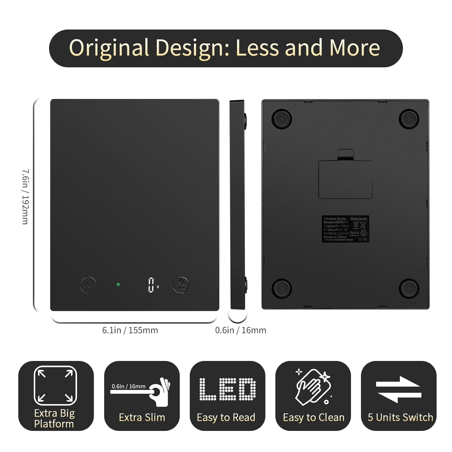 Homebuds 10Kg Digital Kitchen Scales in High Precision 1G, Our Own Food Scale Professional Factory since 2001, Digital Kitchen Scale for Cooking and Baking, LED, 3*AAA Batteries Included, Black image number 6