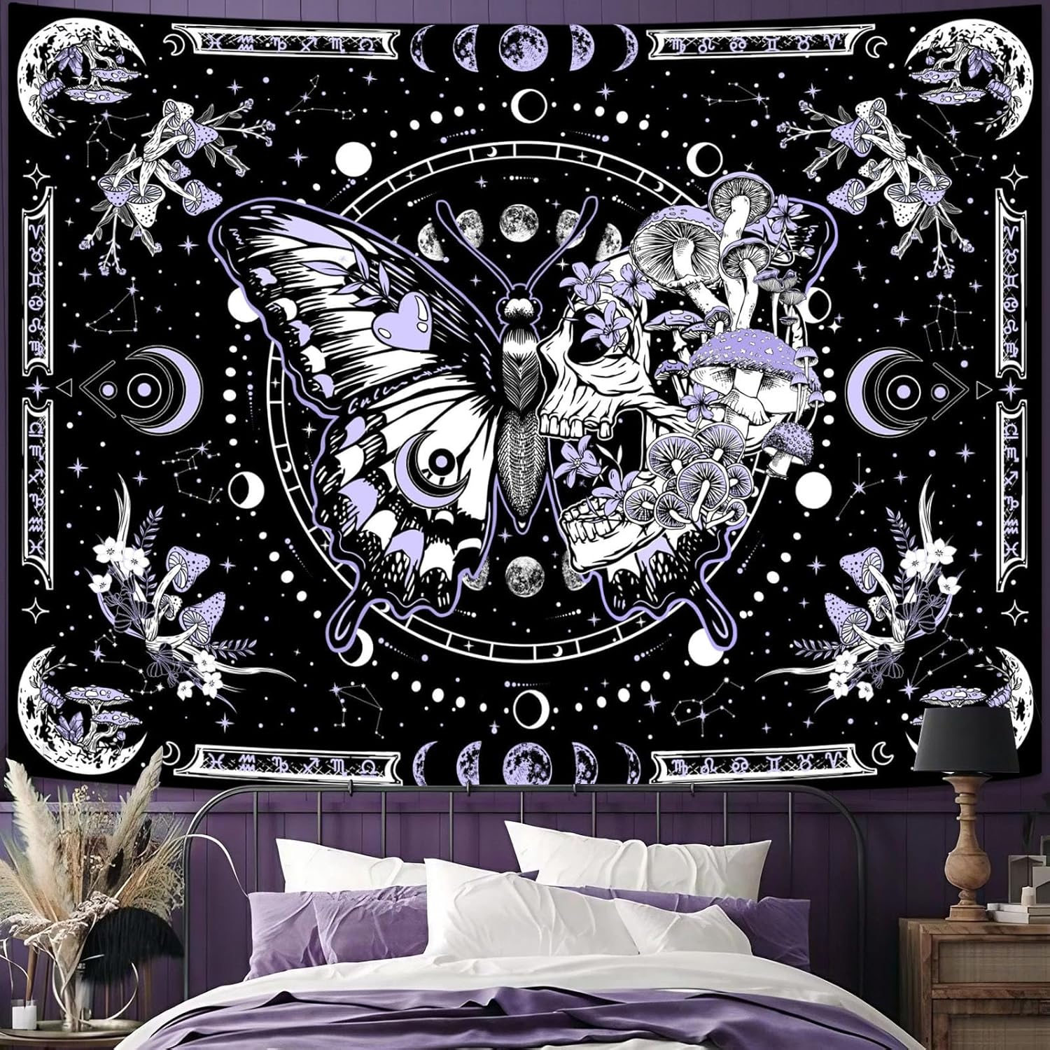 Fungarth Skeleton Butterfly Tapestry Purple Skull Hippie Mushroom Plants Tapestry for Bedroom Moon Phase Aesthetic Tapestries Wall Hanging for Living Room Dorm (60.00&rdquo; X 80.00&rdquo;, Purple) image number 1