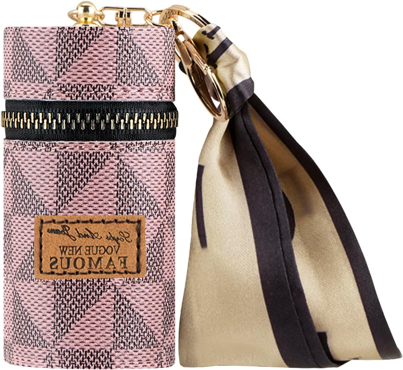 Adorila Mini Leather Lip Gloss Case, Travel Lipstick Bag with Keychain for Perfume, Fingernail Polish, White