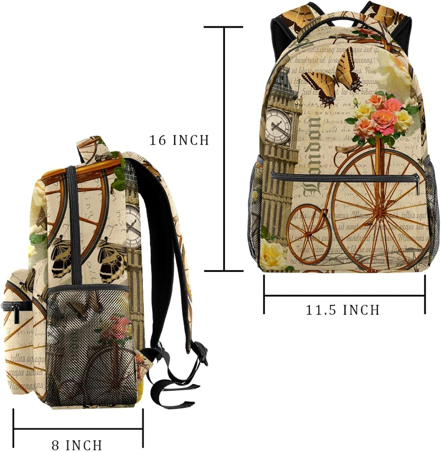 Vintage Postcard London with Big Ben,Roses and Bicycle Backpack Students Shoulder Bags Travel Bag College School Tote Backpacks image number 3