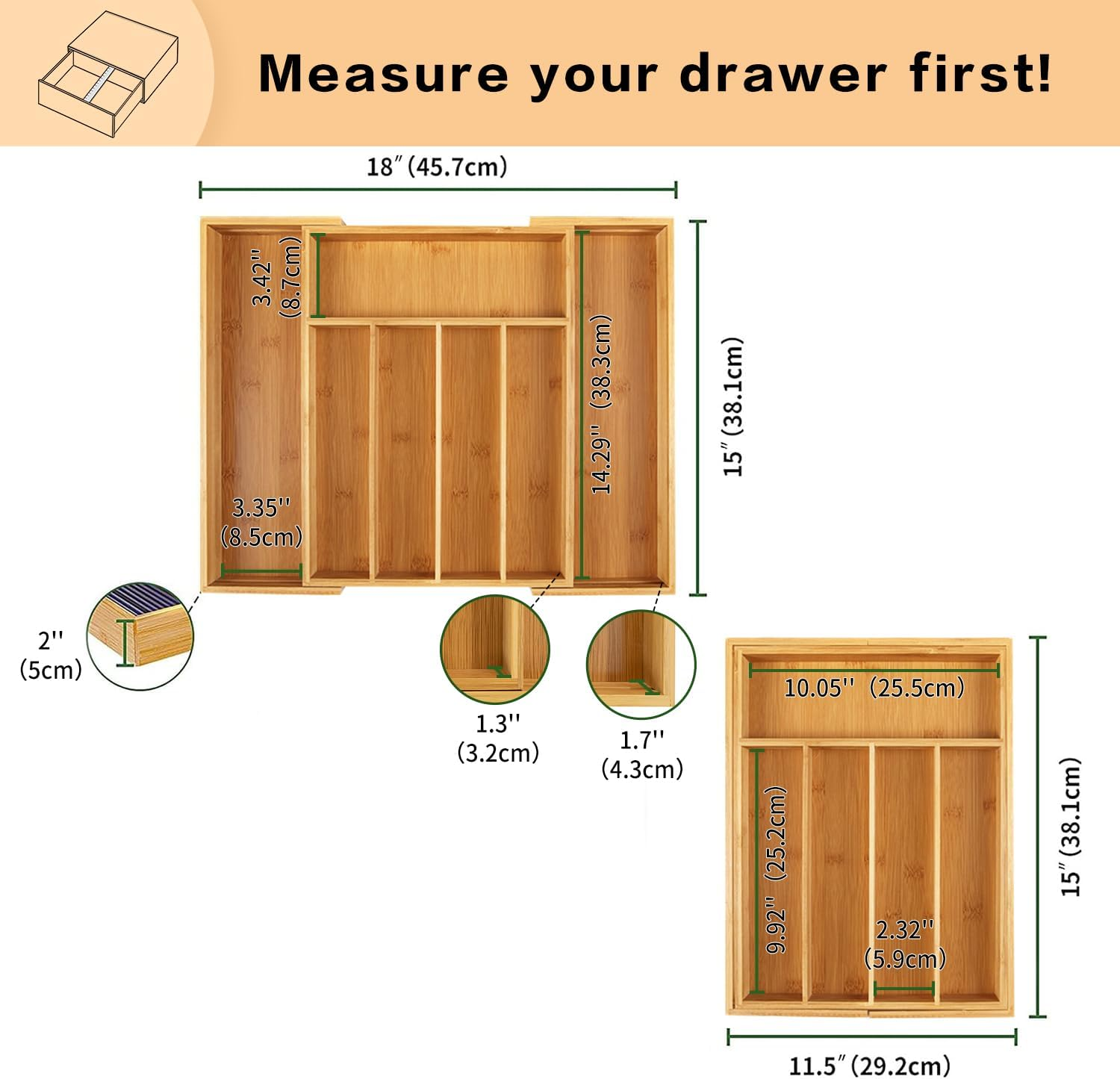 Utoplike Bamboo Expandable Cutlery Organizer Tray, Kitchen Drawer Organiser, for Silverware, Flatware, Utensils, Cutlery, Accessories or Gadgets (Natural) image number 7