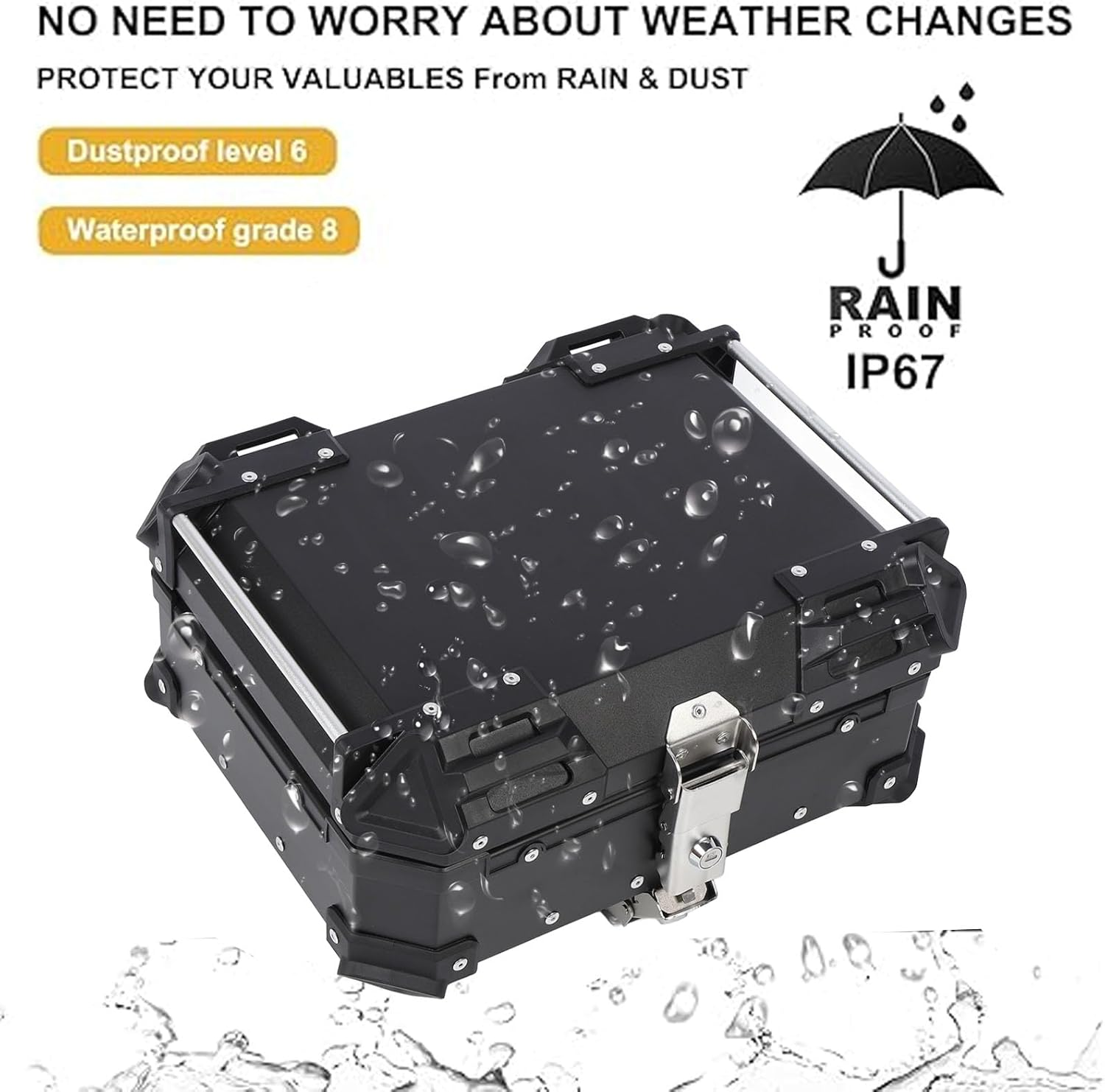 25L Motorcycle Top Case Tail Box, Aluminum Alloy Water Proof Universal Trunk Storage Case, Motorbike Rear Top Box with Safety Lock & Shockproof Lining (Black)