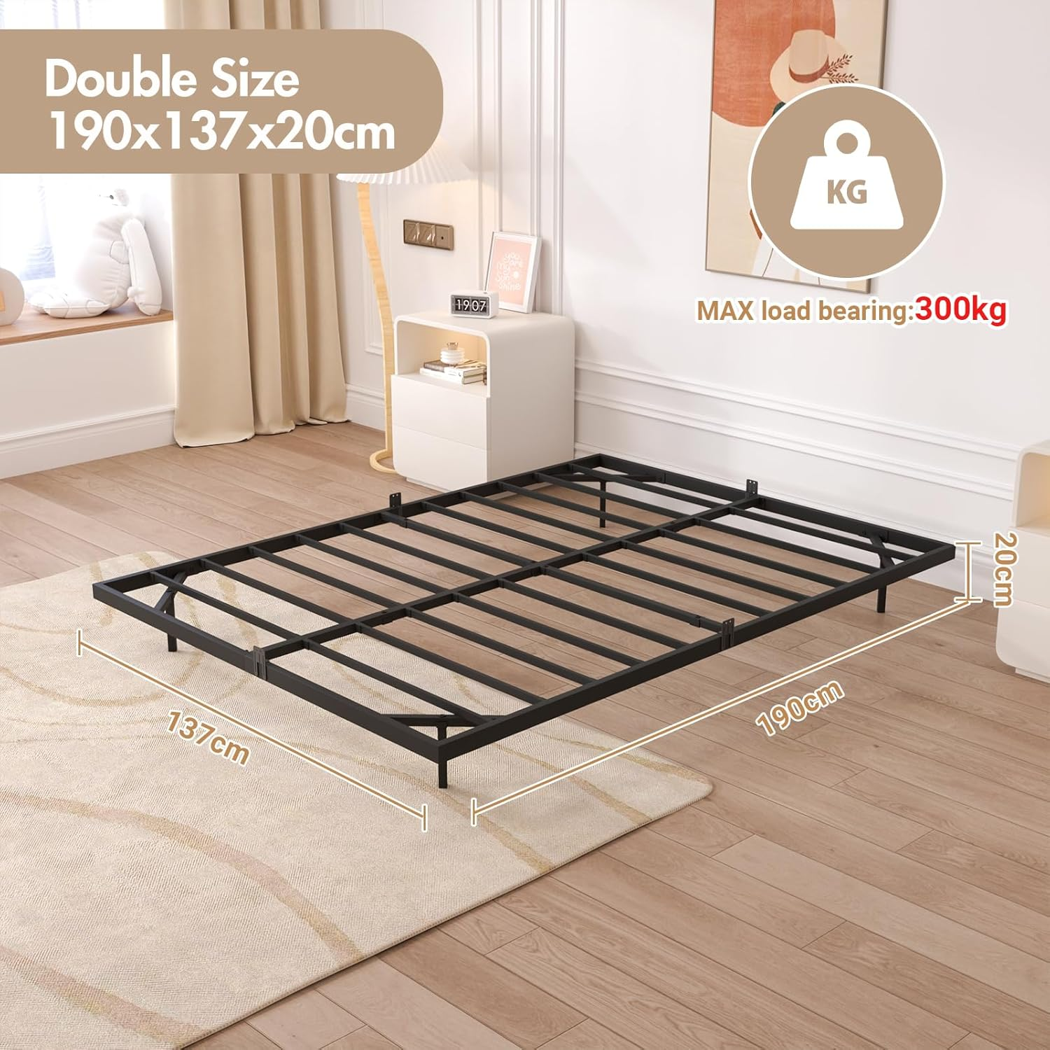Advwin Floating Bed Frame with LED Lights, Metal Platform Bed Frame with Heavy Duty Steel Slats Black, No Box Spring Needed (Double Size) image number 5