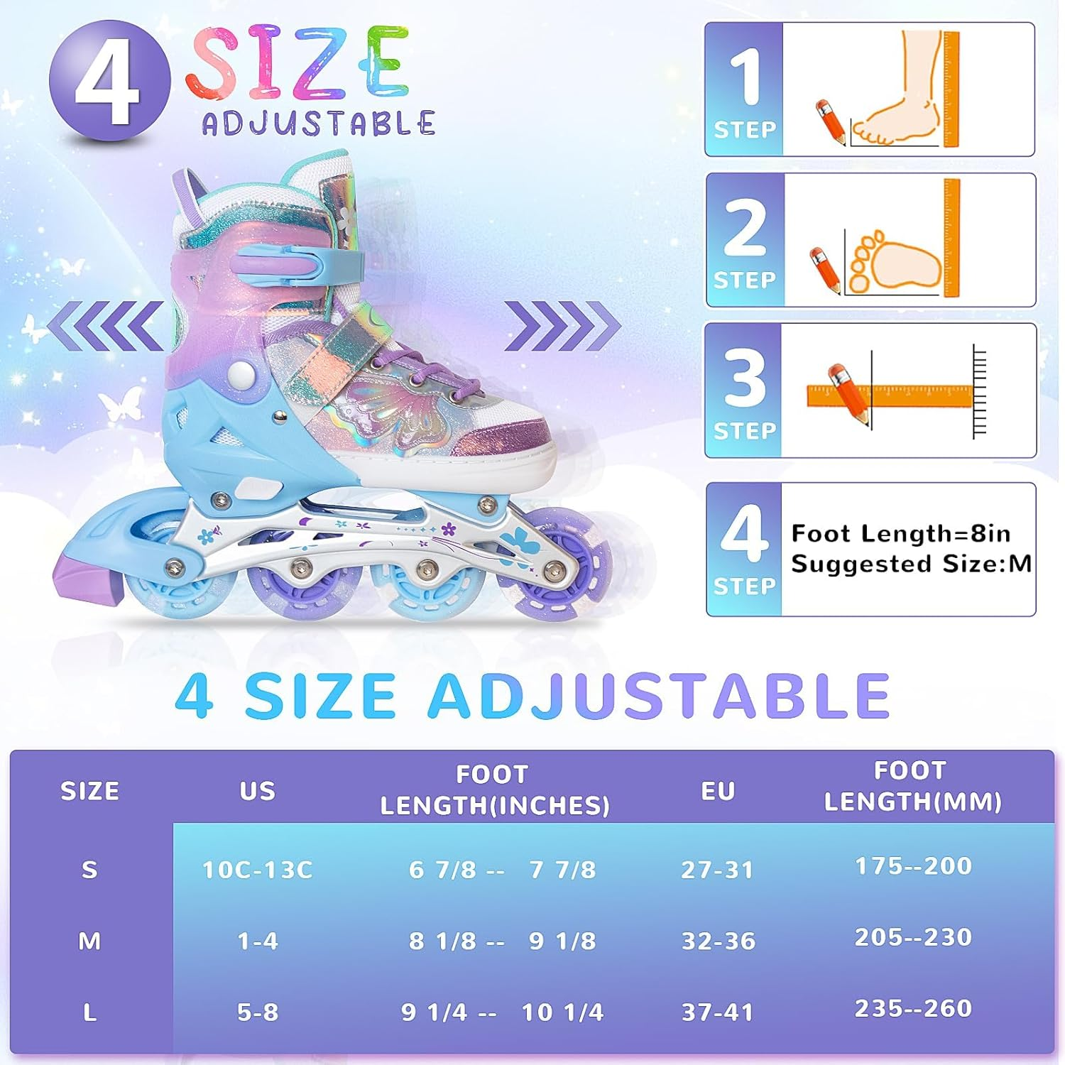 Nattork Kids Inline Skates Butterfly and Flower for Boys Girls Kids, 4 Sizes Adjustable Quad Skates with All Light up Wheels Indoor Outdoor Sports image number 5