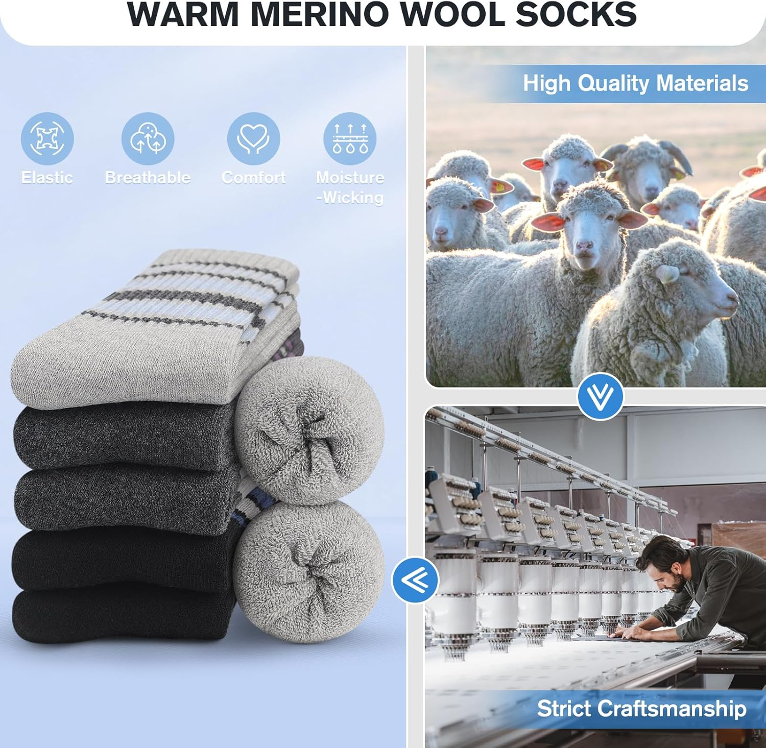 SIMIYA 5 Pairs Merino Wool Socks for Women, Winter Extra Thick Thermal Warm Hiking Socks Women Crew Cushion Socks