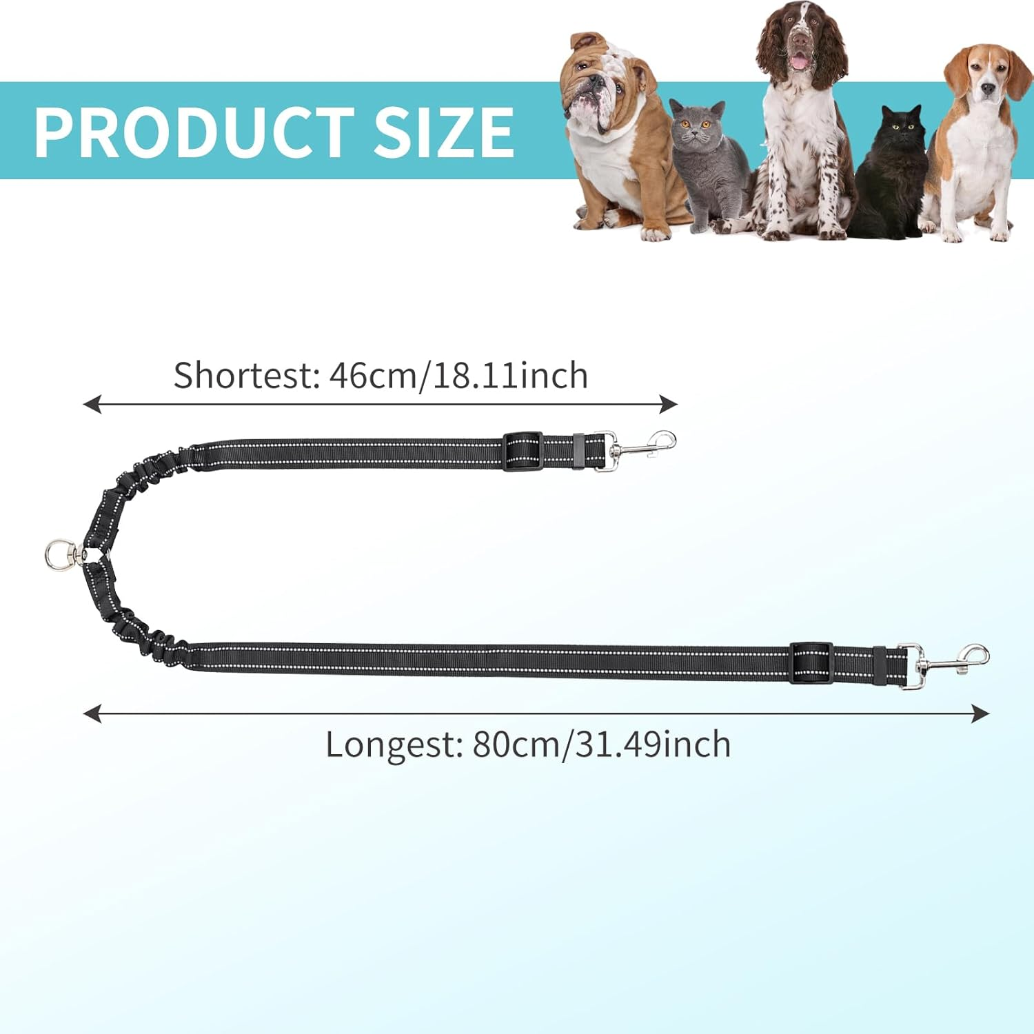 Double Dog Lead Coupler, No Tangle 360&deg;Swivel Rotation with 2 Splitter, Heavy Duty Dog Leash Coupler Adjustable Shock Absorbing Bungee Reflective Dual Lead for Puppy Small Medium Dogs image number 4
