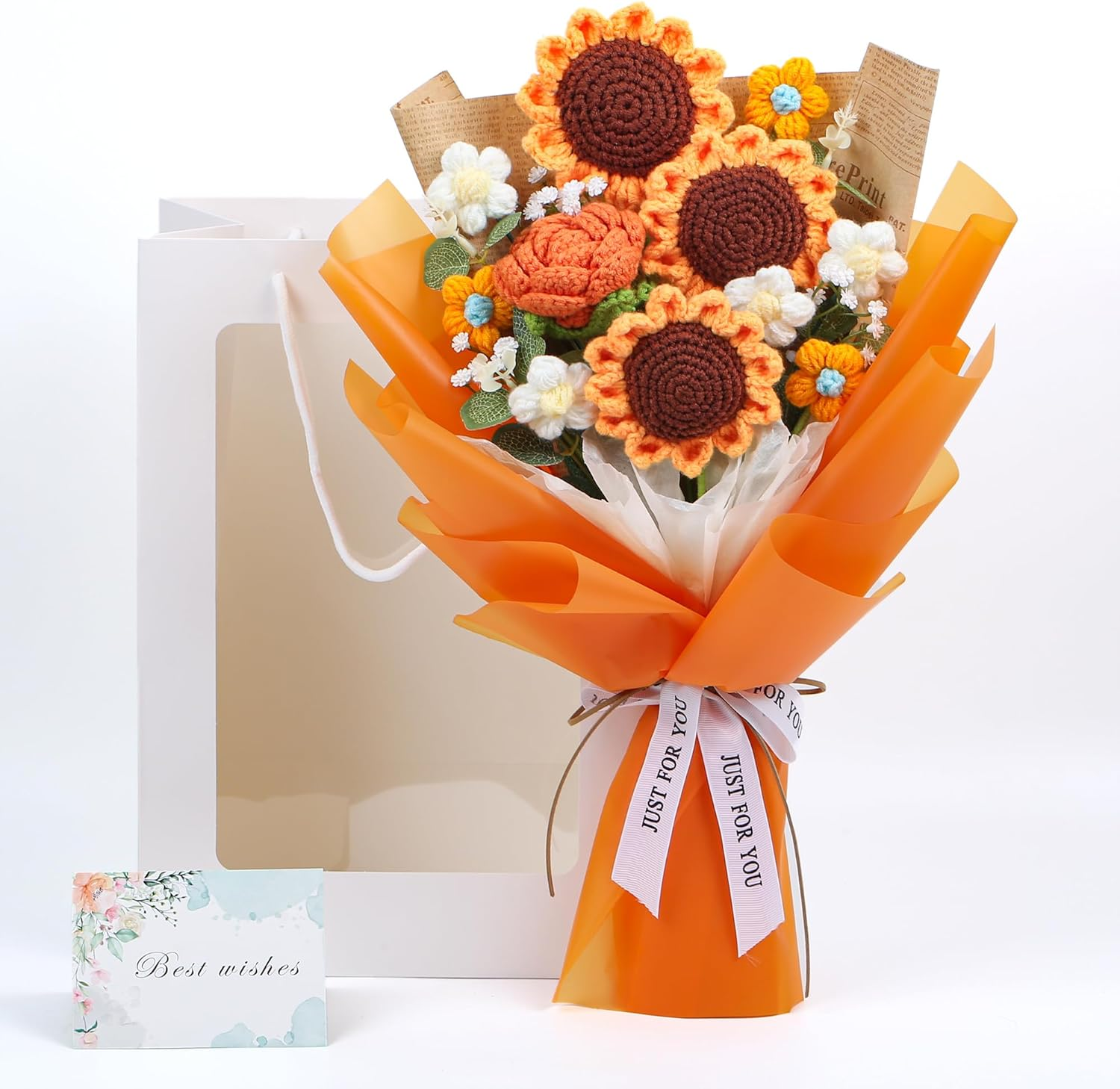 Ezsenses Crochet Flowers Bouquet - Hand Knitted Rose Crochet Flower Bouquet for Home Decor, Weddings, Birthdays, Mother'S Day - Includes Gift Bag and Greeting Card, Faux Crochet