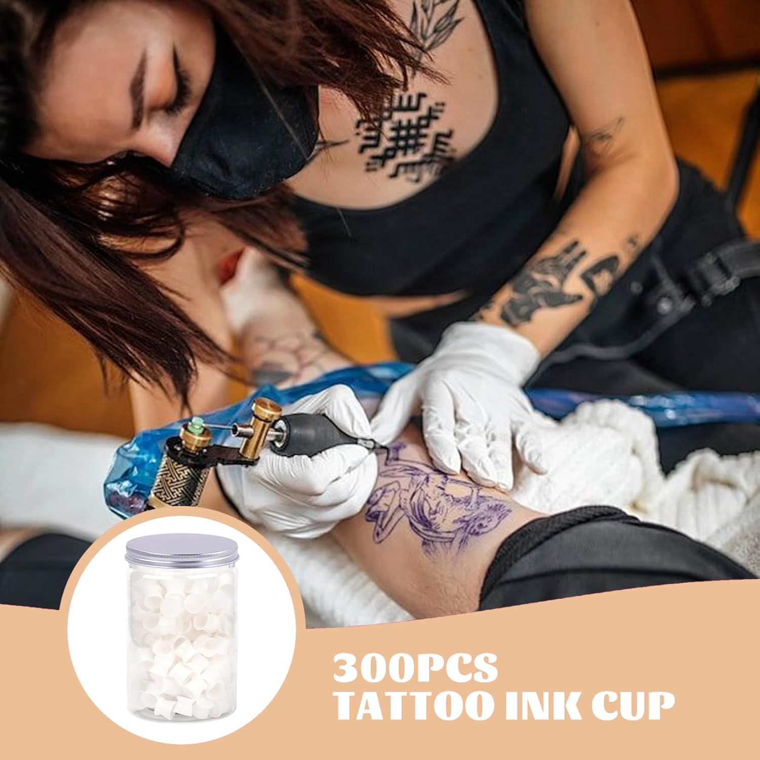 300Pcs Tattoo Ink Cups, Disposable Silicone Ink Caps 0.51X0.47" Food-Grade Silicone Pigment Cup Tattoo Supplies, White, Caps, Cups image number 5
