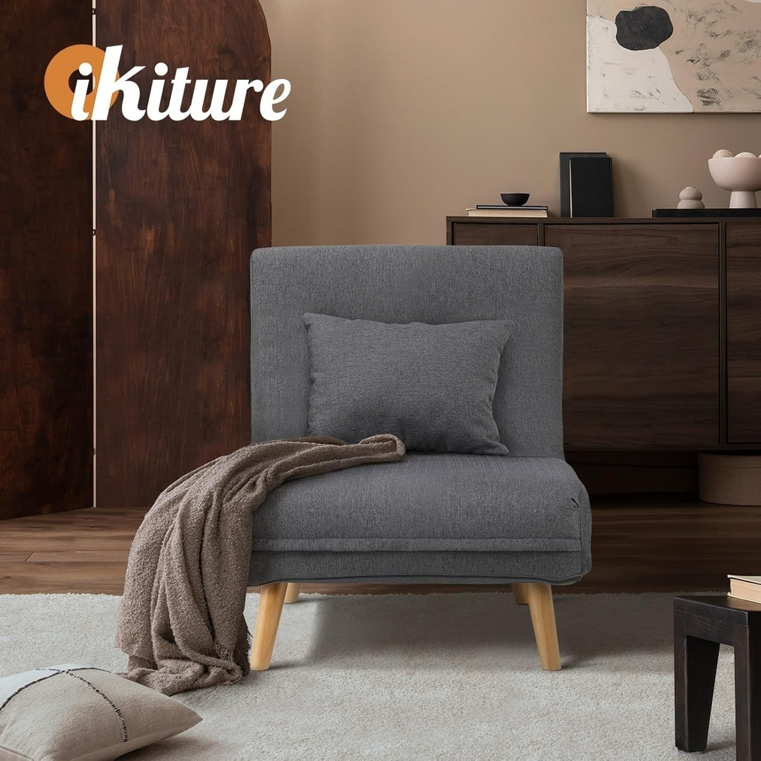 Oikiture Lounge Chair Folding Sofa Chair Recliner Couch with Cushion Grey image number 6