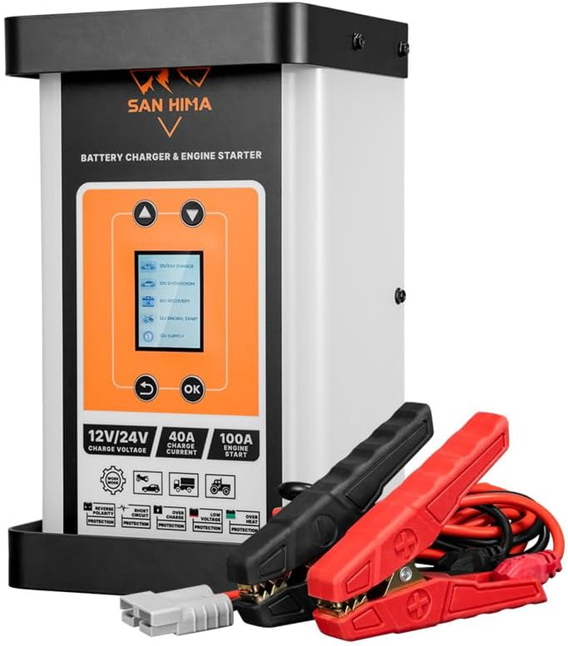 San Hima 40A Smart Battery Charger & Engine Starter & Engine Starter with 6 Stage LCD Display, Stable 12V/24V Charger for Std/Agm/Gel/Lifepo4 Car Truck Boat RV SUV ATV