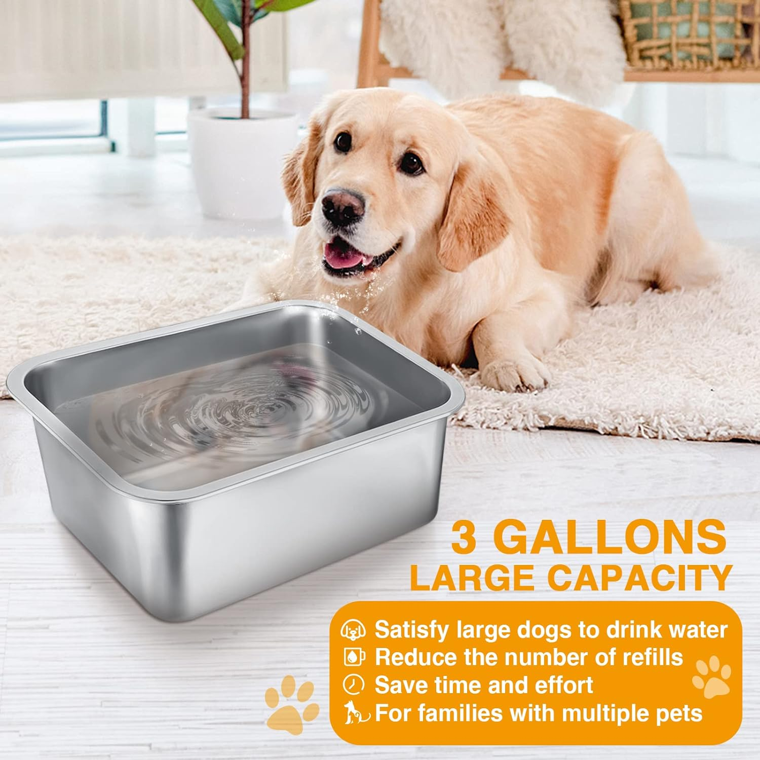 3 Gallons Extra Large Dog Water Bowl, Durable Stainless Steel Dog Bowl, Safe High Capacity Water and Food Bowl for Large, X-Large Breed Dogs Indoor Outdoor