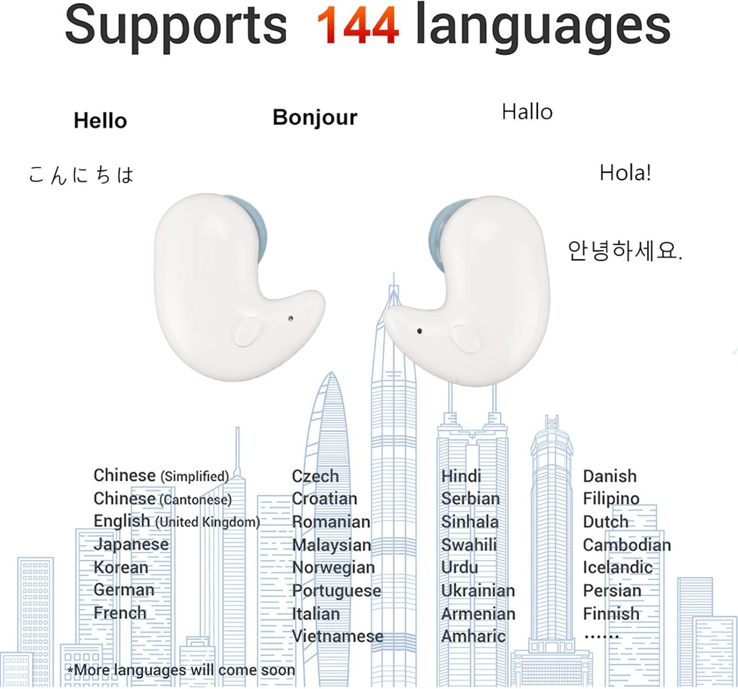 Voice Translator Earphones, 2-Way Real-Time Translation Translator Device, Supports 144 Languages, Wireless Bluetooth Voice Translator Earphones for Travel Companies (White) image number 3
