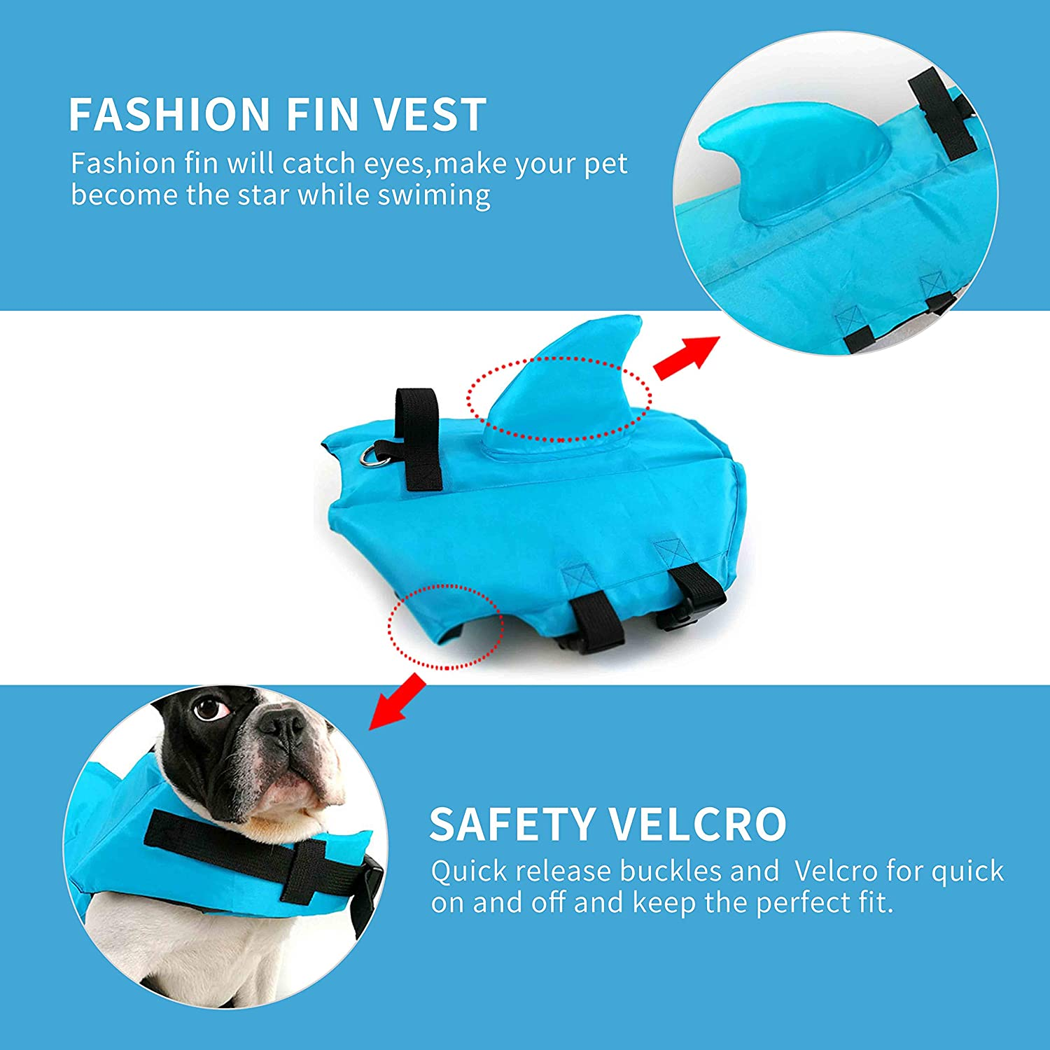 Snik-S Dog Life Jacket- Preserver with Adjustable Belt, Pet Swimming Shark Jacket for Short Nose Dog (Pug,Bulldog,Poodle,Bull Terrier,Labrador) (XS, Blue)