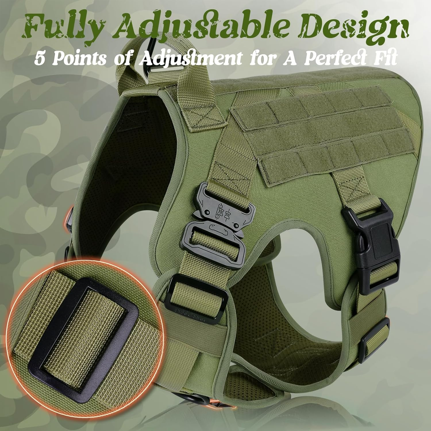 Rabbitgoo Tactical Dog Harness for Medium Dogs, Military Dog Harness with Handle, No-Pull Service Dog Vest with Molle & Loop Panels, Adjustable Dog Vest Harness for Training Hunting Walking, Green, M image number 4