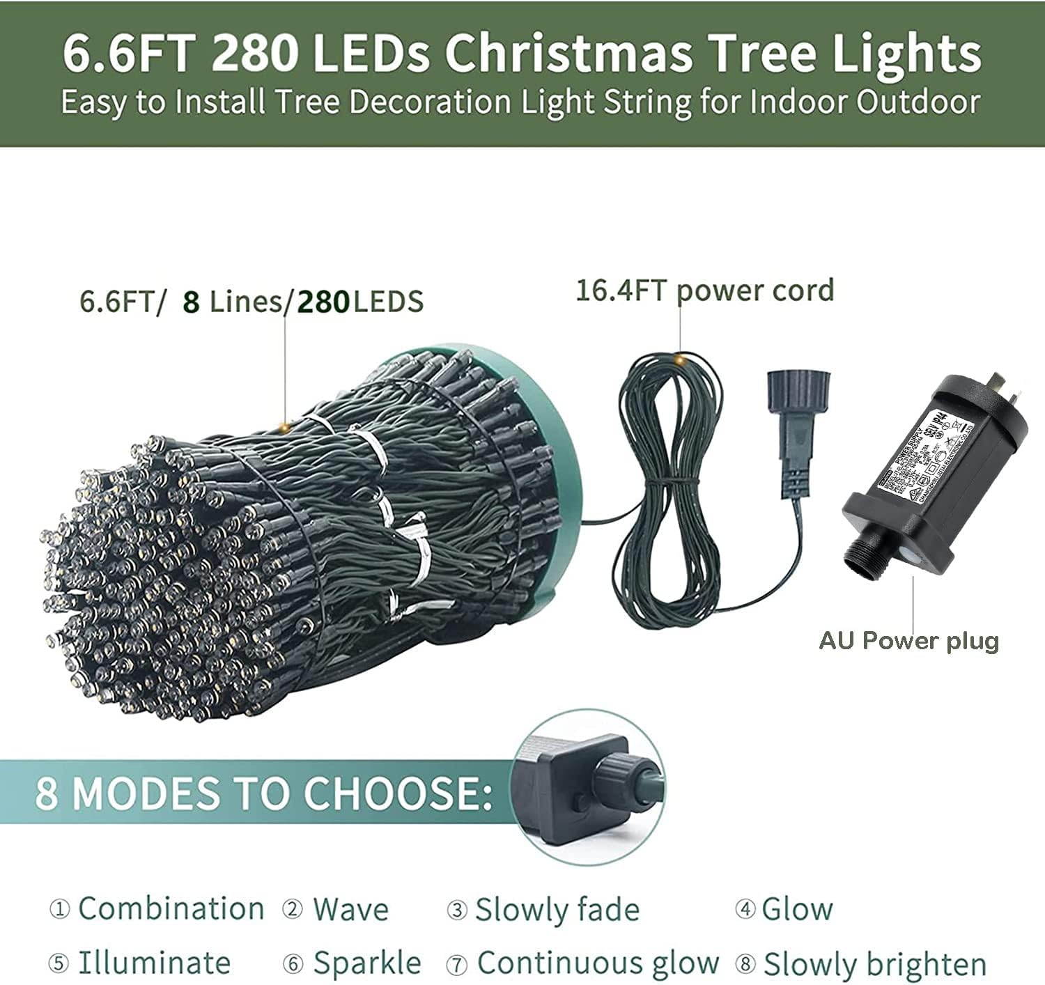 Christmas Tree Lights 280 LED, 2M X 8 Lines Easy to Install Christmas String Lights with 8 Modes, Christmas Decorations Christmas Lights for 1.8M - 2.4M Xmas Tree - Multicolor - Multi-Colored image number 5