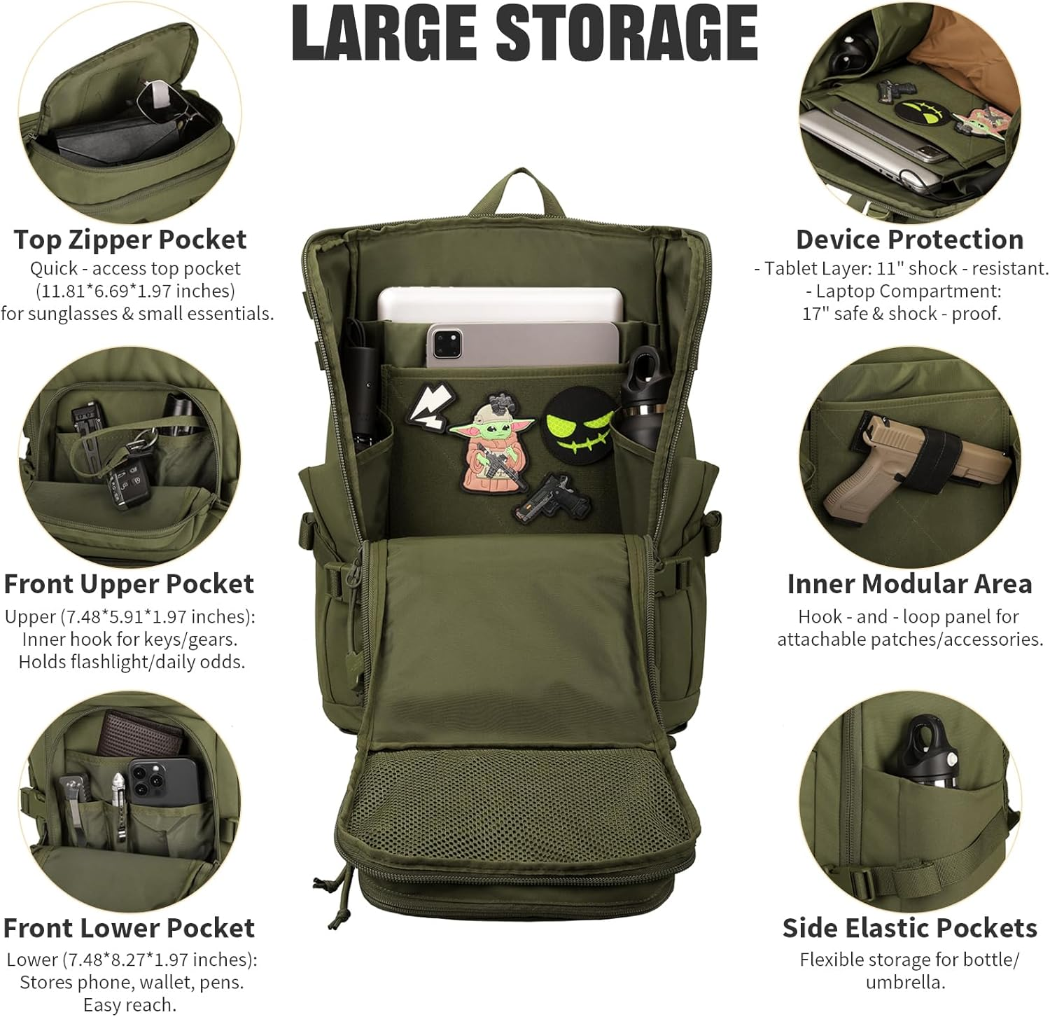 ROOT THREE 45L Tactical Backpack, Military Molle Backpack with 17" Laptop Compartment Survival Rucksack for Outdoors image number 6