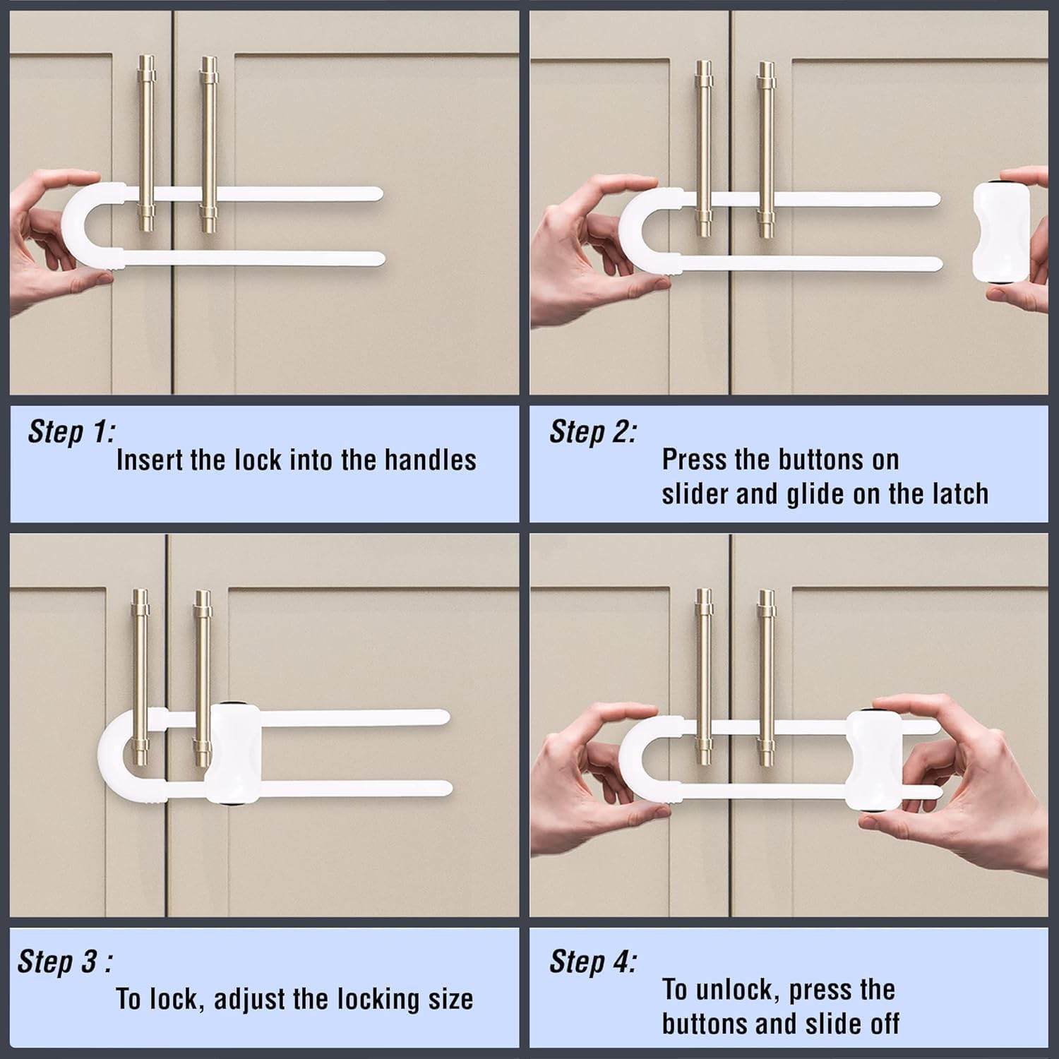 Sliding Cabinet Locks for Baby, Baby Proofing Adjustable U-Shaped Baby Safety Latches for Handles Knobs Drawers, Fridge, Closet, Cupboard, Closet with Secure Lock Buttons,2Pack (White) - Gray image number 5