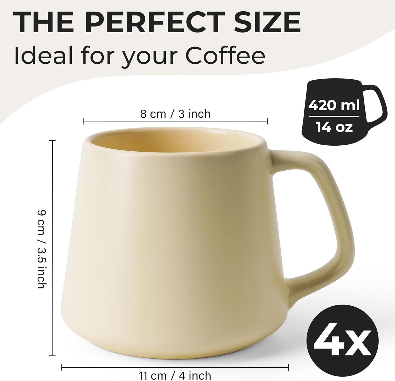 MIAMIO - Coffee Mugs Set of 4 / Large Ceramic Coffee Cups (420 Ml) - Mug for Cappuccino, Tea, Espresso - Microwave and Dishwasher Safe - Luxe Collection (Beige Pastel) image number 5