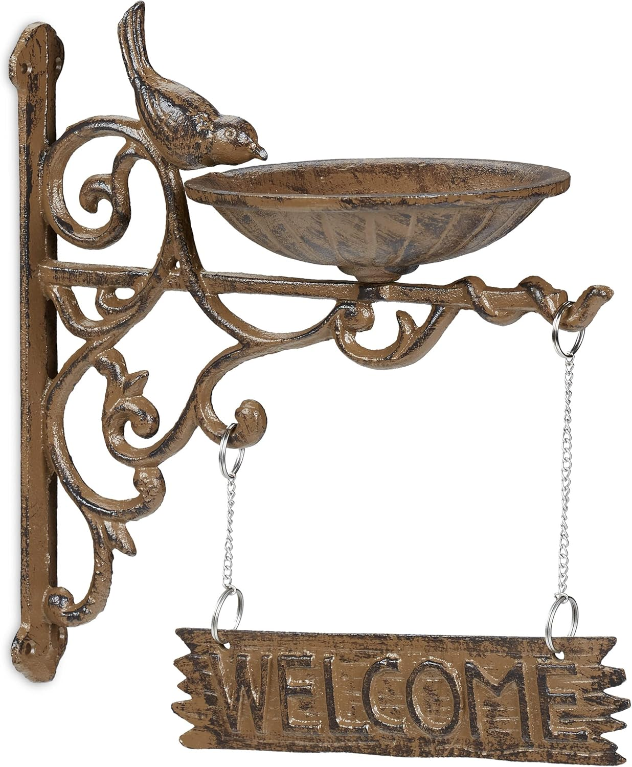 Relaxdays, Brown Cast Iron Hanging Bath with Welcome Sign, Garden Decor, Feeding Bowl, Font for Wild Birds