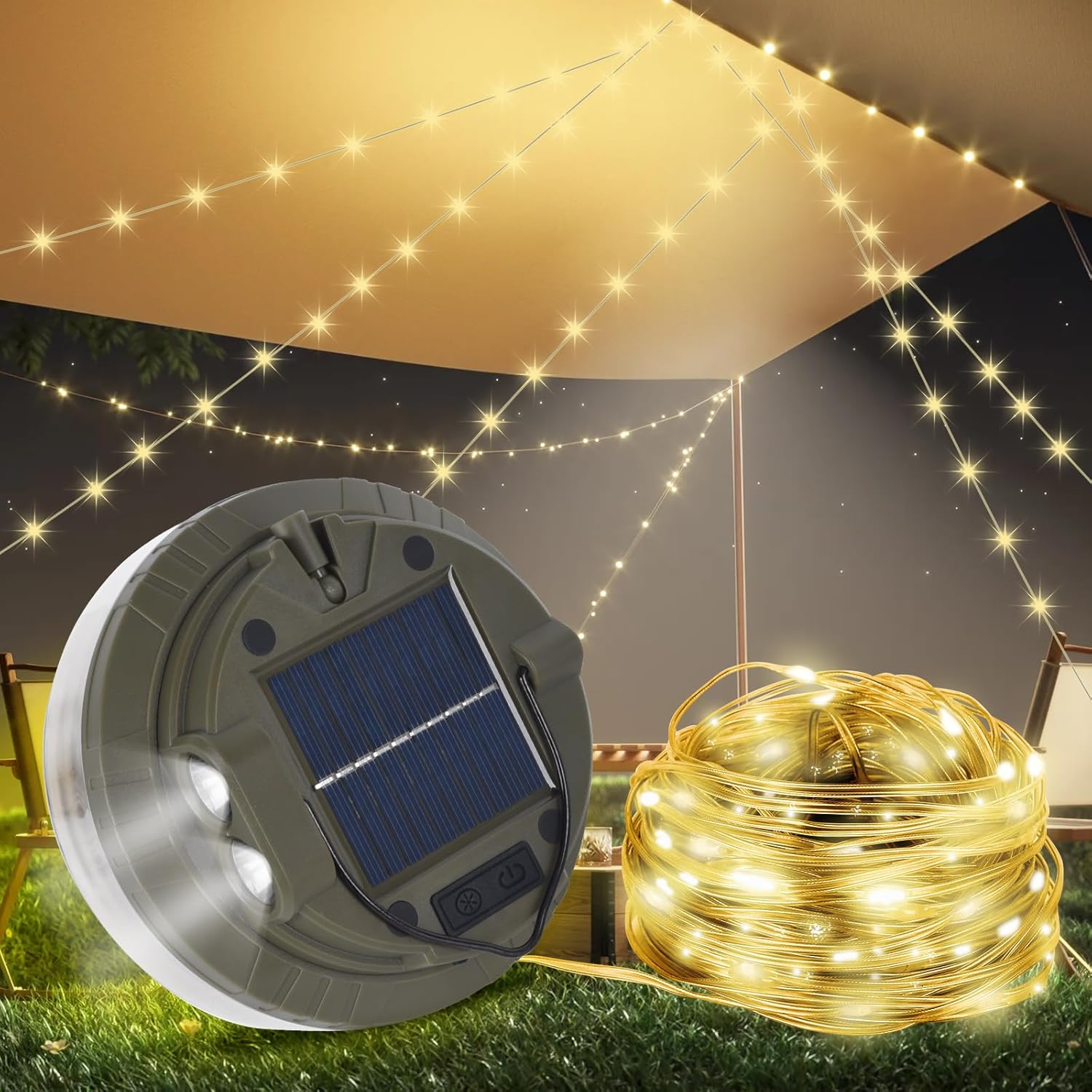 Solar Camping String Lights Outdoor, Portable Outdoor Waterproof Retractable,20M 3000Mah 4 in 1 Camp Light with 9 Modes, Solar&Usb Rechargeable Tent Lights,For Camping,Hiking, Yard,Rv image number 1