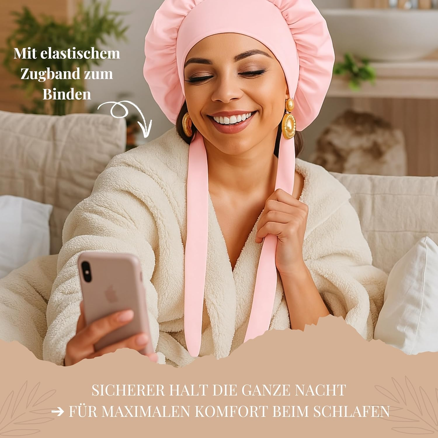 Silk Bonnet for Sleeping with Band Suitable for All Sizes & Hair Types - Protects Hair from Breakage & Split Ends | Retains Curl Shape, Saves Time While Styling | Flortree (Pink) image number 3