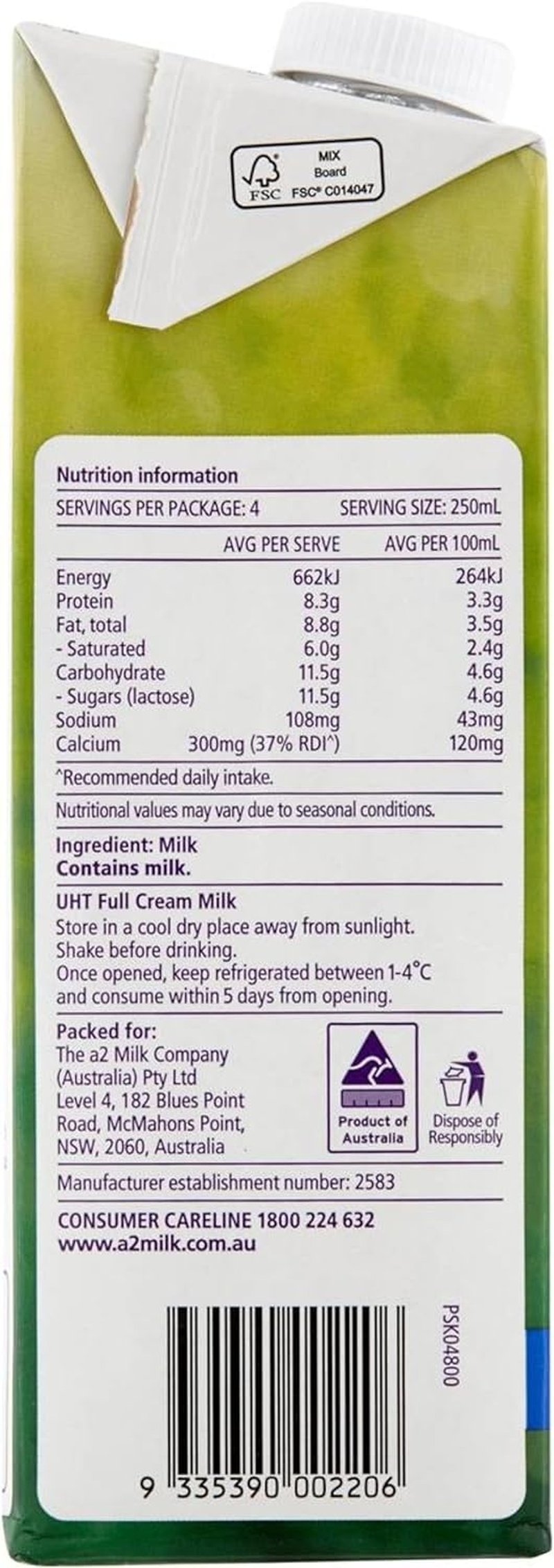 A2 Milk Long Life Full Cream Milk 1L image number 3