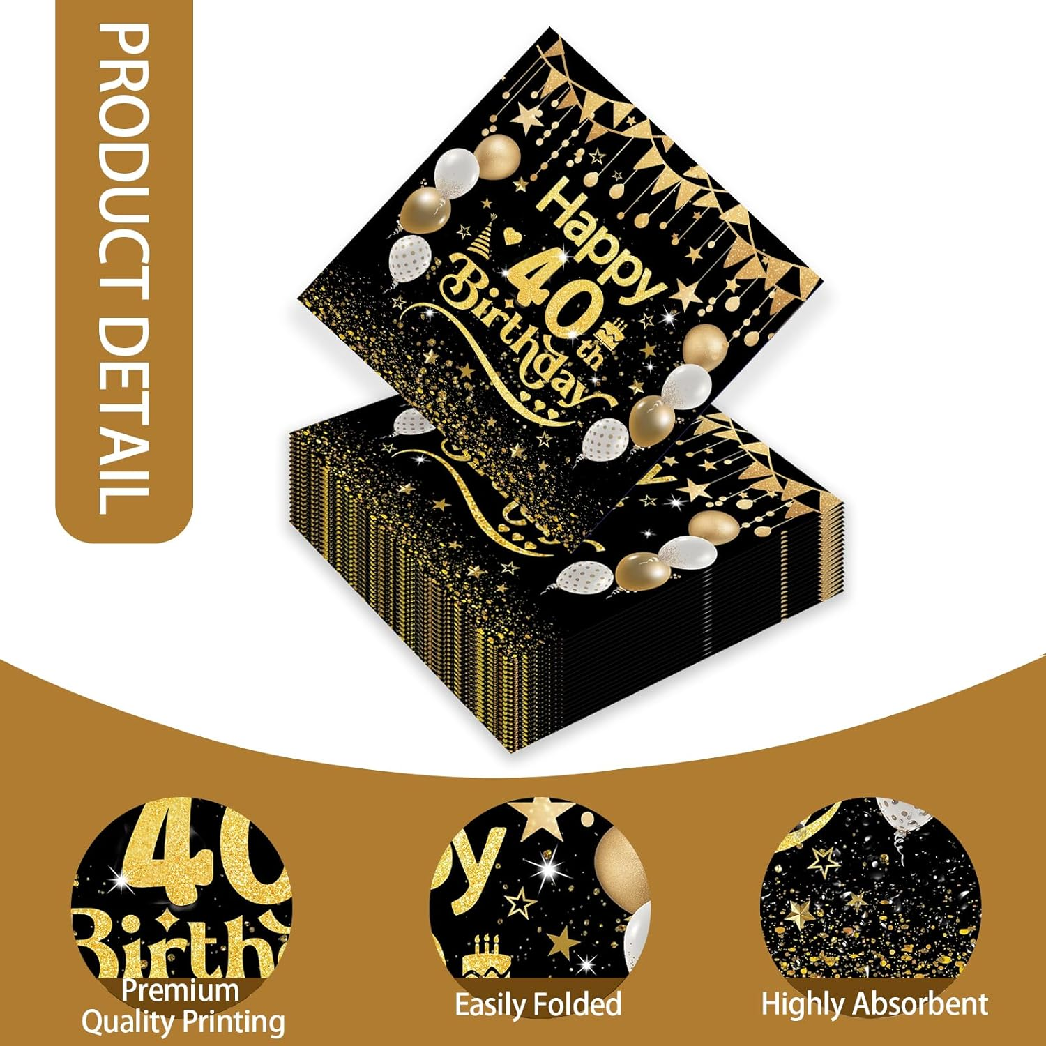 50Pcs Black and Gold 40Th Birthday Napkins - Disposable Paper Serviettes for Table Decorations for Boys Girls Men Him Her image number 2