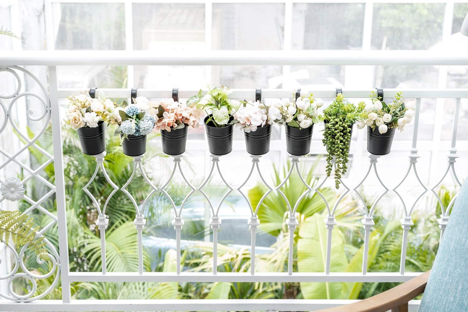 8 PCS Black Metal Hanging Flower Pots Iron Bucket Planters for Balcony Railing and Fence &ndash; Decorative Flower Holders with Removable Hooks, 4 Inch (Black)