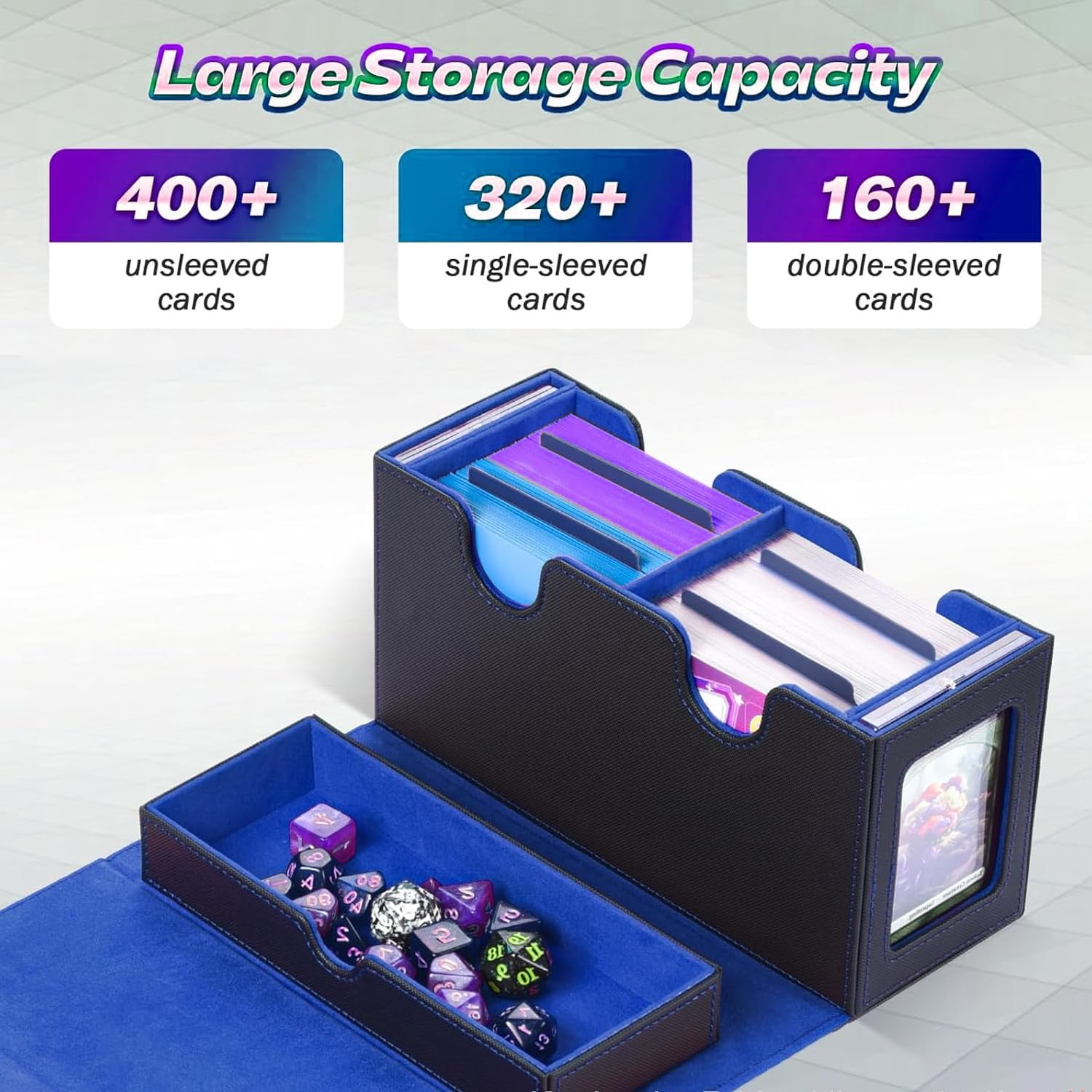 PU Leather Card Deck Case with Display Windows & Dice Tray,Card Storage Box for Trading Cards,Magnetic Closure 400+MTG Deck Box,Suitable for Magic Game Cards. image number 6