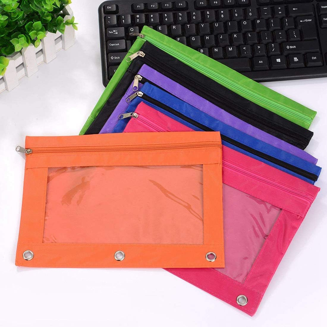 Zippered Pen Pencil Binder Pouch 3 Rings with Clear Window for School Classroom Organizers 8 Pcs (Orange) - Black image number 6