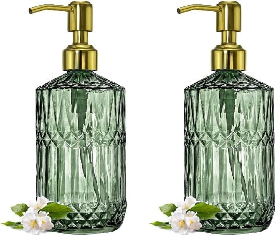 Glass Soap Dispenser 2-Pack (350ML Each) - Green with Gold Stainless Steel Pump, Refillable Kitchen & Bathroom Dispensers for Dish Soap, Hand Soap, Lotion Cottagecore Style image number 2