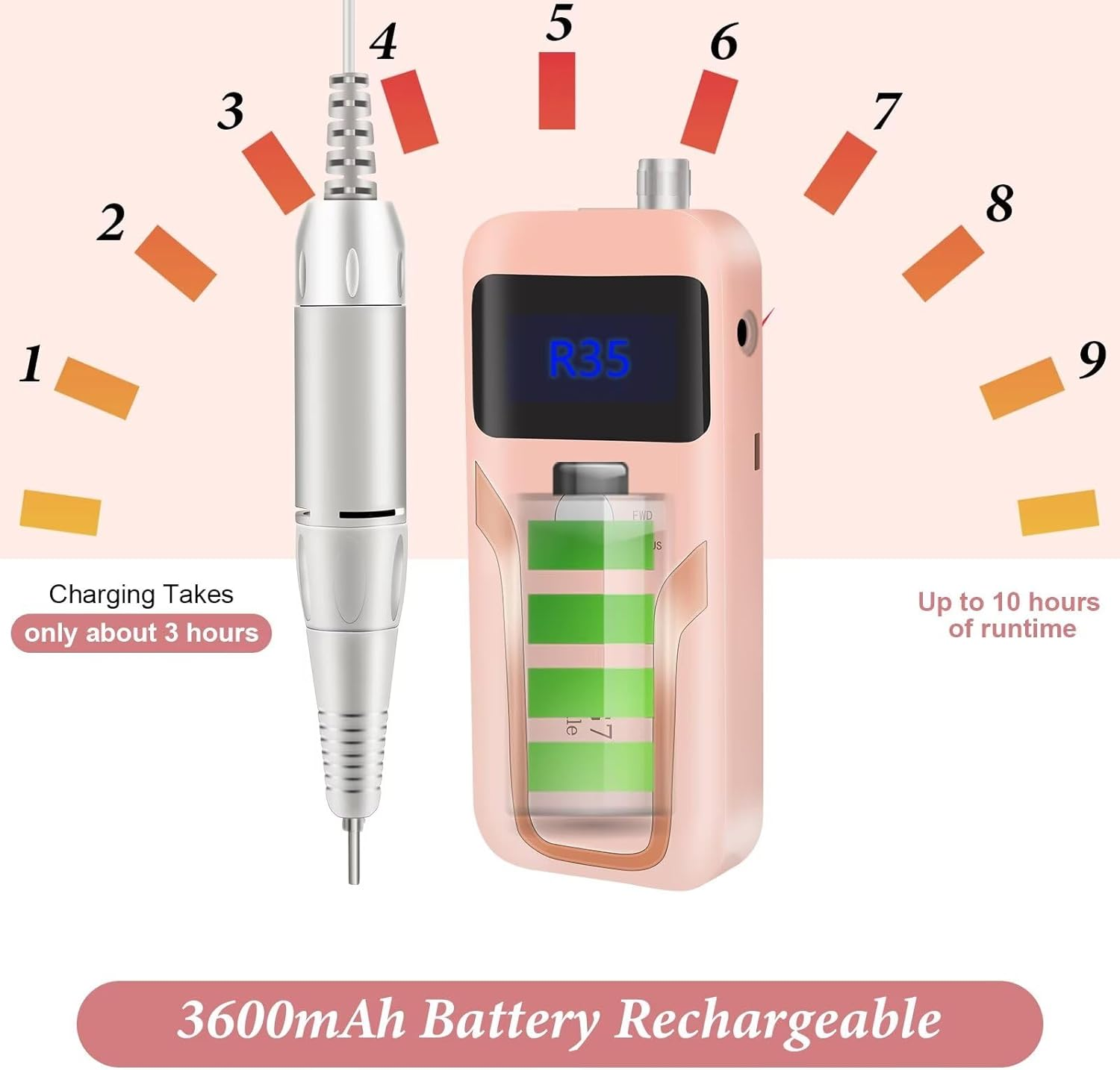 Electric Nail Drill, DELIFO Portable Nail Drill Professional Pedicurerechargeable 35000 RPM Nail File Machine Acrylic Nails Polishing Tools with Bits LED Display for Home Salon Manicure image number 2