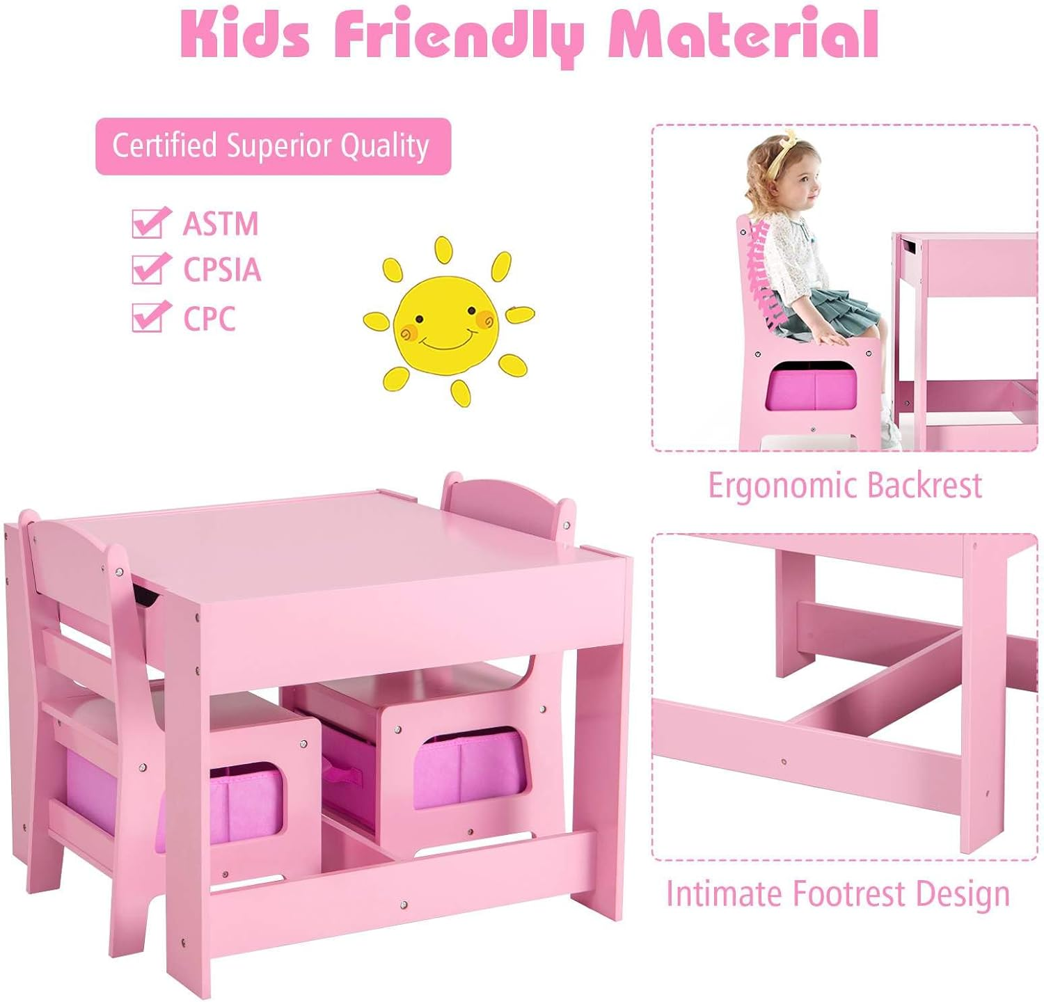 Costway Kids Table and Chairs Set, 3-Piece Kids Furniture Set, Kids Play Table and Chair Set, Toddler Table and 2 Chairs Set, Double Sided Kids Table, Children Activity Art Desk Set (Pink) image number 3