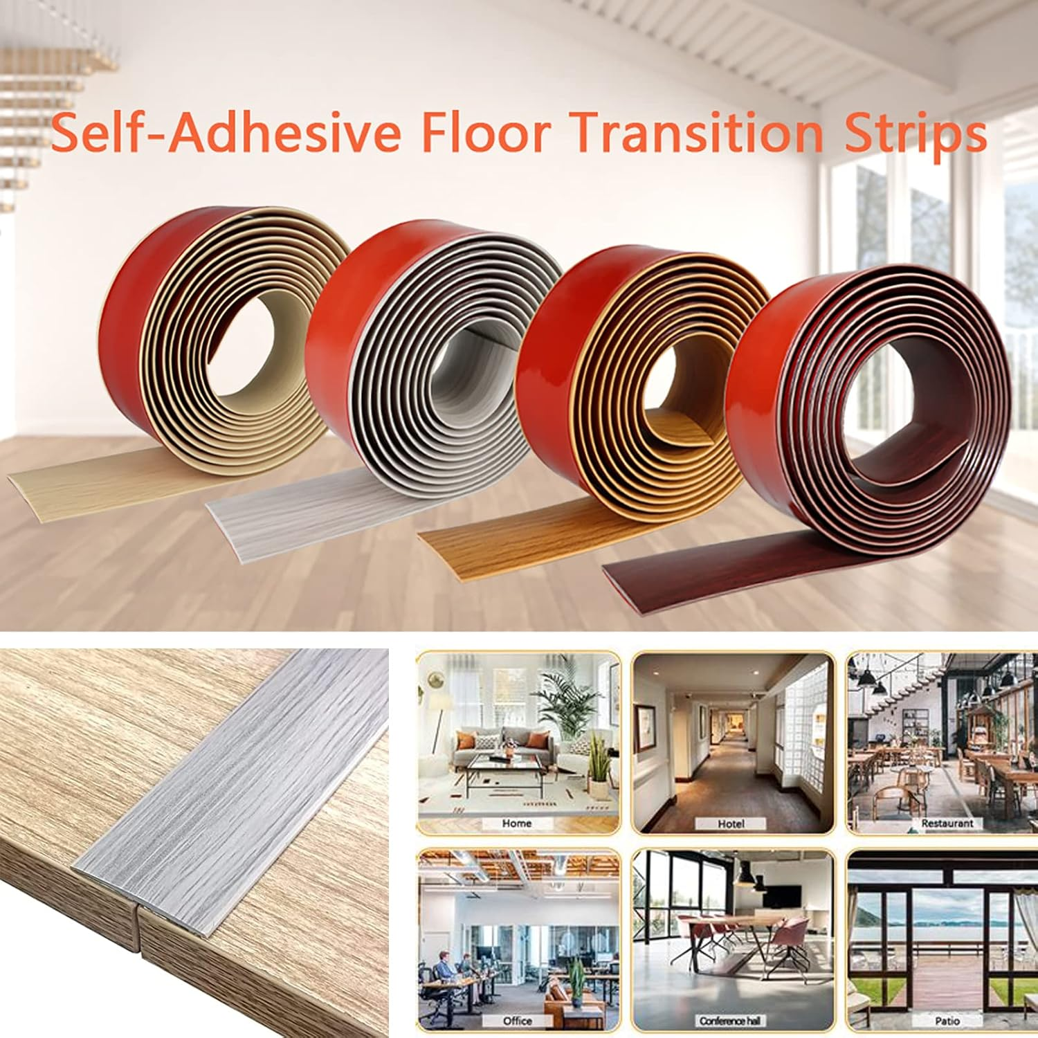 Floor Transition Strip, Self Adhesive Vinyl Floor Edging Trim Transition Strip, Floor Cover Strips, Laminate Floor Strip 1.5&rdquo; Wide Vinyl Floor Flat Divider Strip for Joining Floor Gaps (Brown)