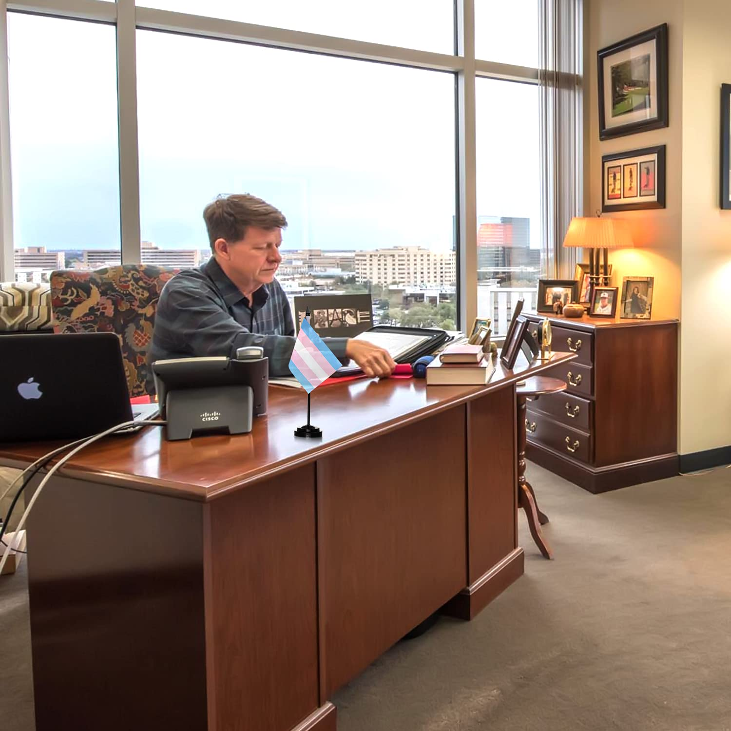 Anley Transgender Trans Pride Deluxe Desk Flag Set - 6 X 4 Inch Miniature Desktop Flag with 12" Solid Pole - Vivid Color and Fade Resistant - Black Base and Spear Top image number 6