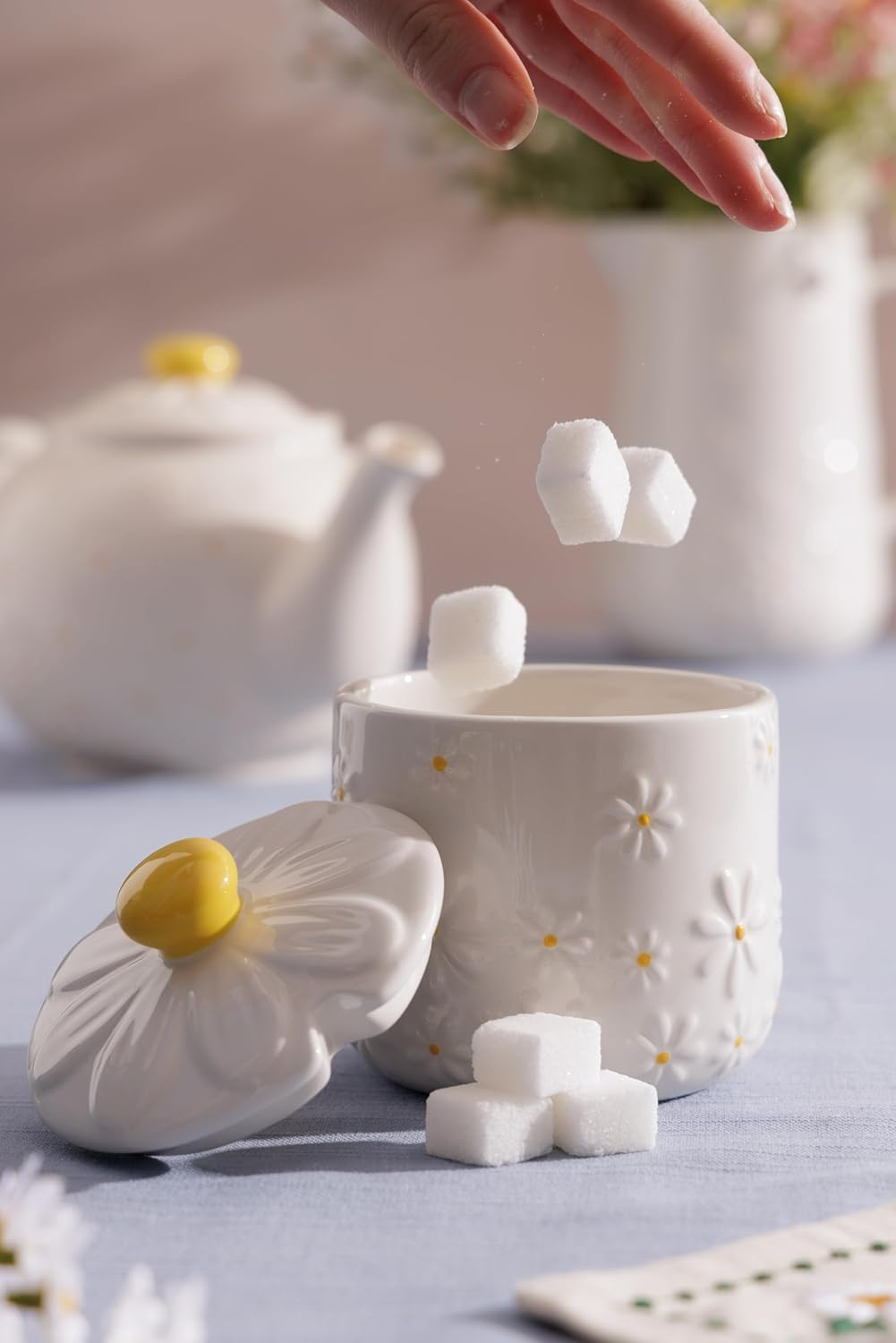 Price & Kensington Daisy Sugar Bowl | Ceramic Sugar Bowl with Embossed Daisy 3D Lid | Hand-Painted Yellow Handle | Cream Glaze | Kitchen Storage Bowl image number 4