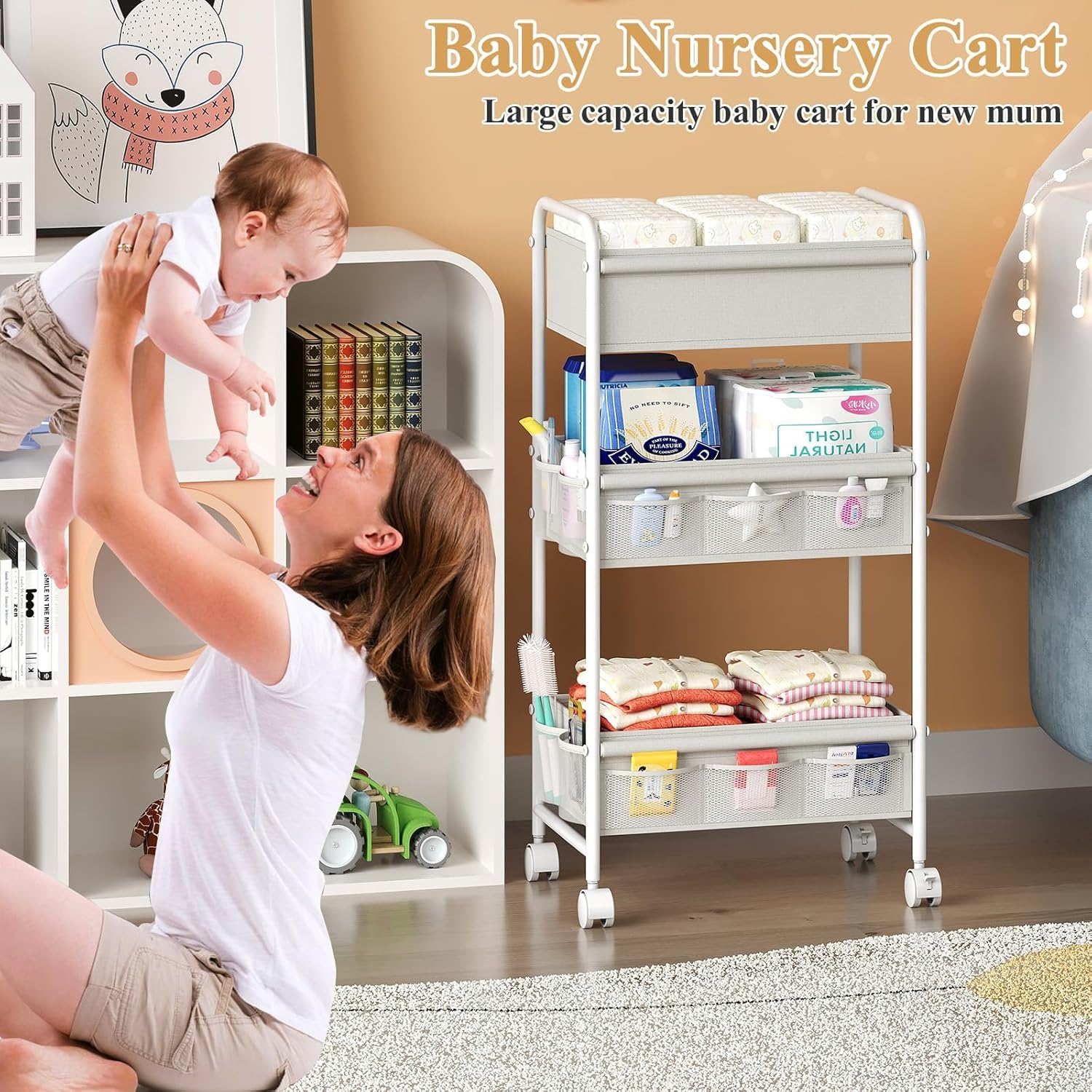 3-Tier Baby Diaper Caddy Cart Organizer, Mobile Nursery Organization with Wheels, with 2 Dividers & 14 Mesh Pockets Durable Metal Utility Cart for Nursery, Bedroom, Bathroom Essentials Organization