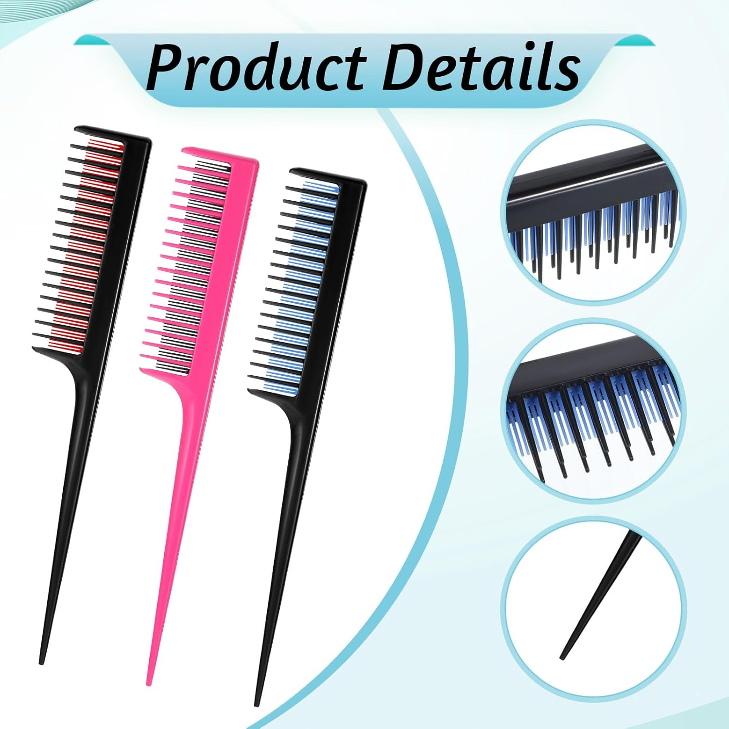 Pack of 3 Touping Comb Triple Teasing Comb for Women and Men, Handle Comb Hairdresser Heat-Resistant Plastic Rat Tail Comb Teasing Compartment Combs for Braiding Hair Styling Touping, Volume image number 6