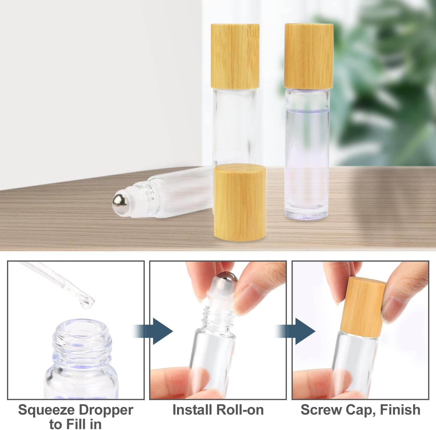 Wresty 10Ml(1/3Oz) Roll on Bottles,10 Pack Glass Roller Bottles Essential Oil Bottles Perfume Cosmetic Sample Bottles with Stainless Steel Roller Ball&Bamboo Lids image number 4